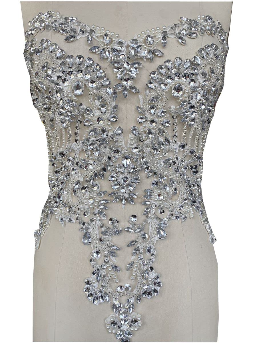 Handmade red/Blue/Gold/Green Rhinestones lace Bodice Applique Sewing Beads Crystal Trim Patches Accessory for Dress Clothes (Rose red)