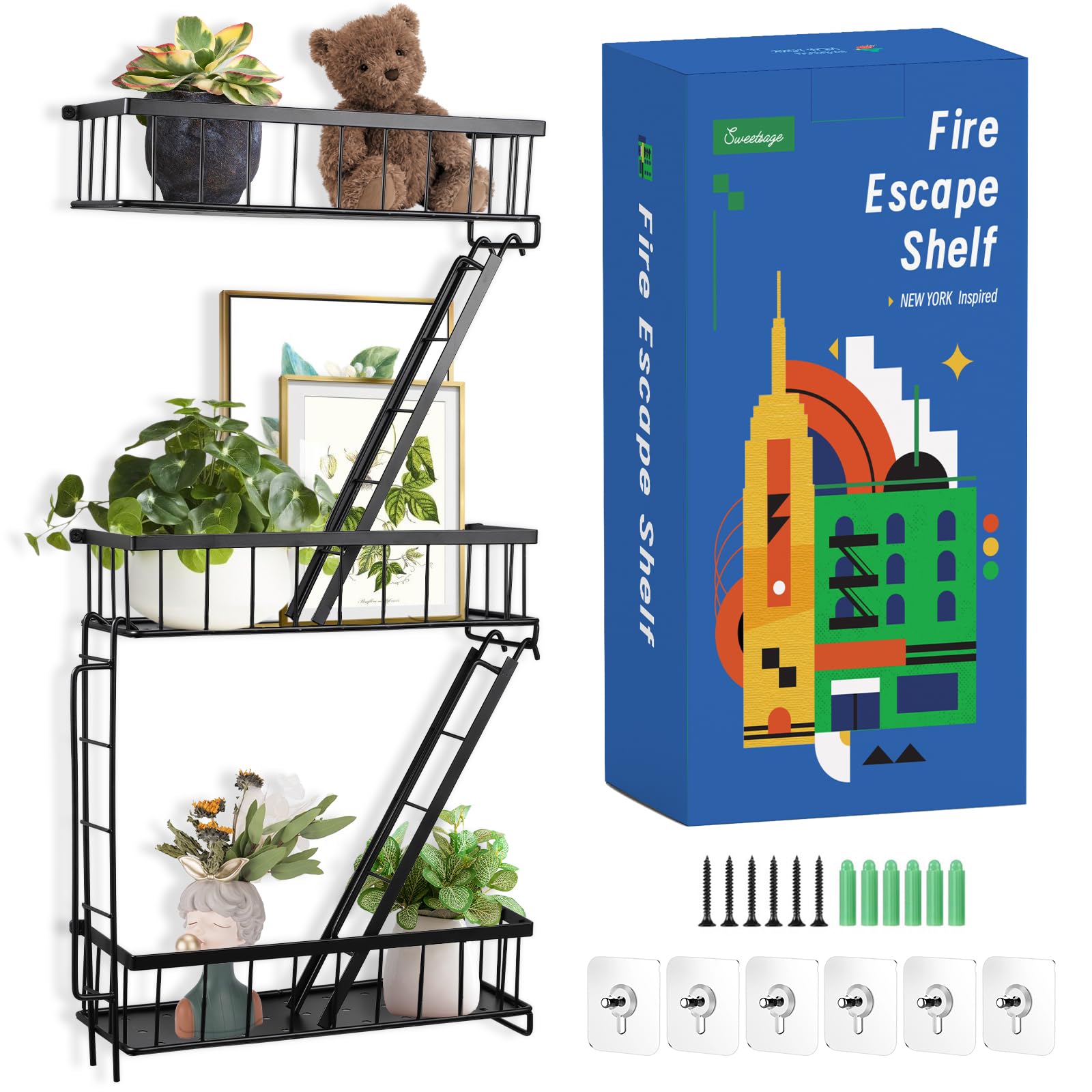 Fire Escape Shelf - Wall Decor Floating Shelves, Cute Metal Ladder Shelving for Bedroom, Home Decor Display (3-Tier)