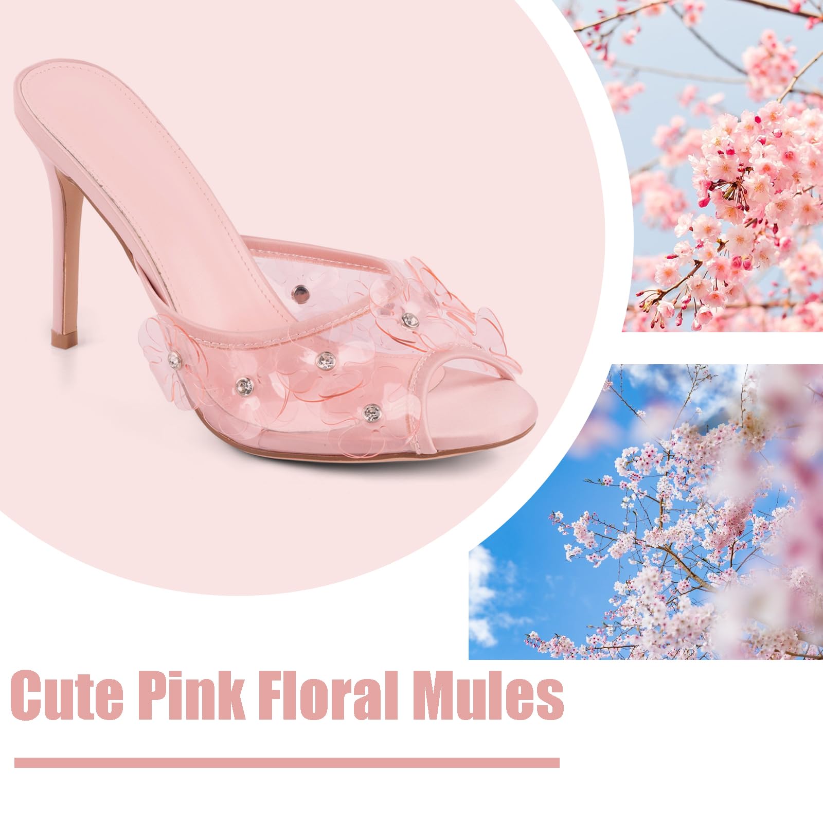 Womens Clear Round Toe Heels Stiletto Sandals Pink Strap High Heeled Mules Cute Crystal Flower Slip on Slippers