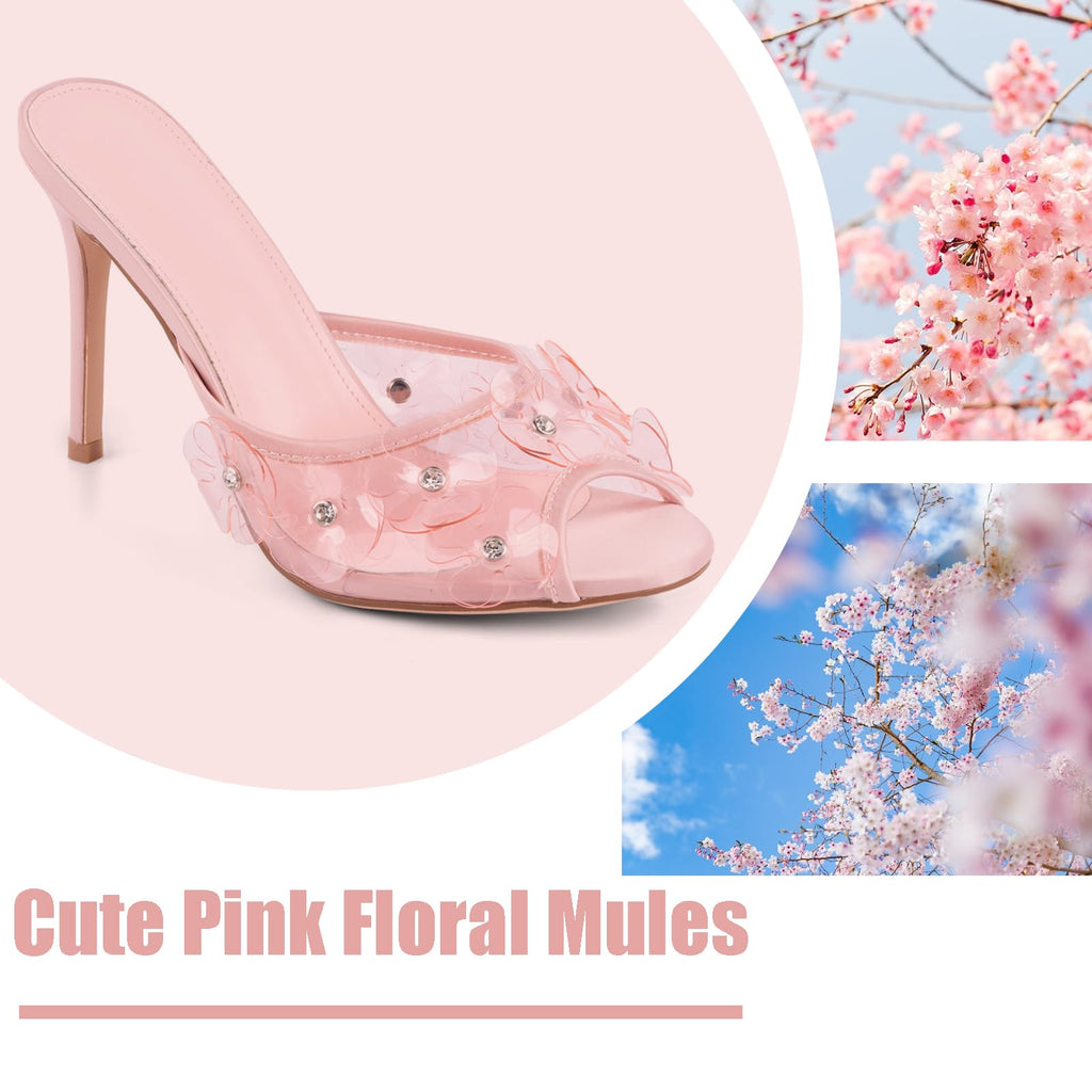 Womens Clear Round Toe Heels Stiletto Sandals Pink Strap High Heeled Mules Cute Crystal Flower Slip on Slippers