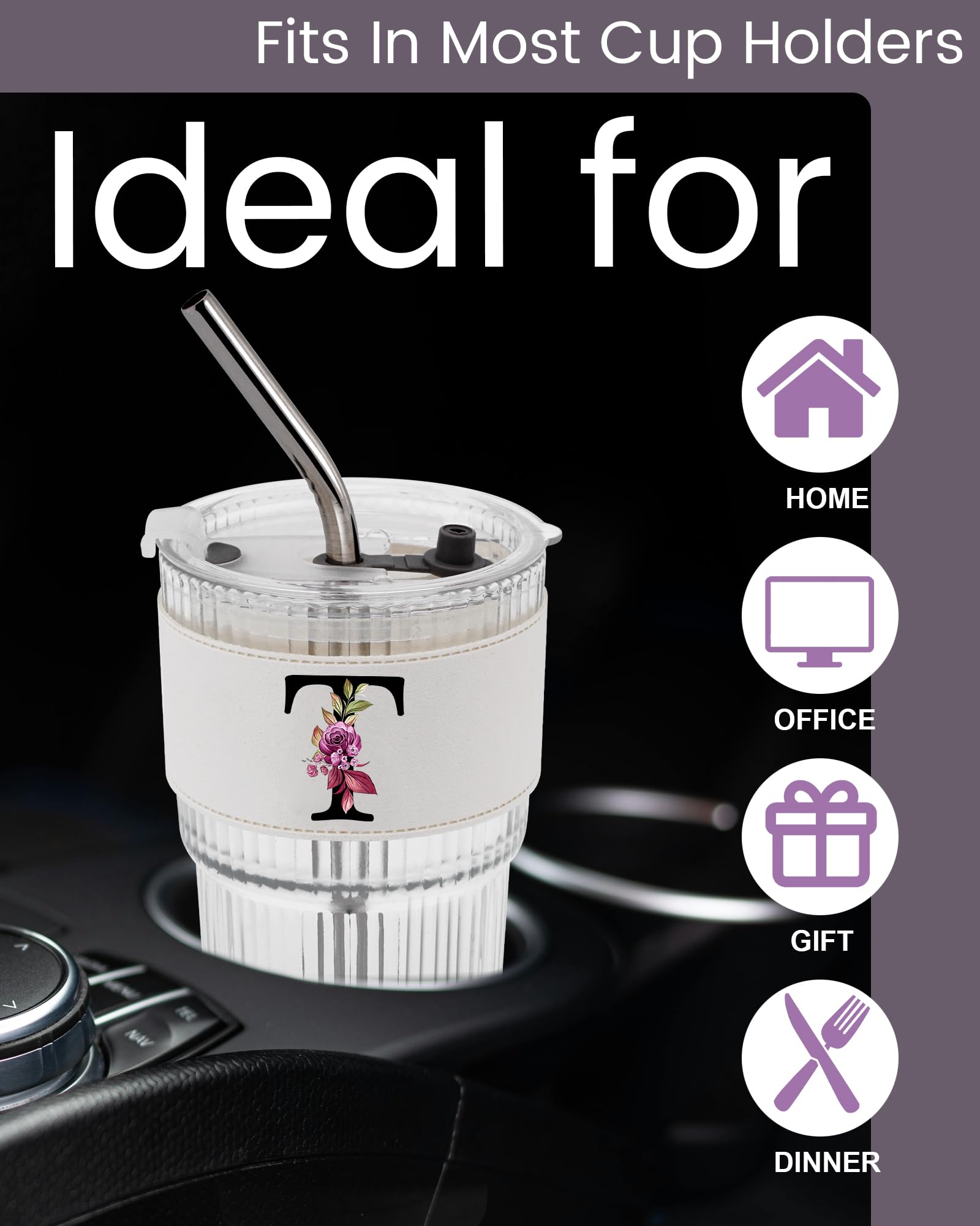 Initial Glass Cup with Lid Straw Ribbed Ice Tea Clear Tumbler Her Sister Coffee Matcha Latte Girlfriend Gf Aunt Best Friend Friendship Bestie Wife Cute Asthetic Unique Birthday Personalized Gift K