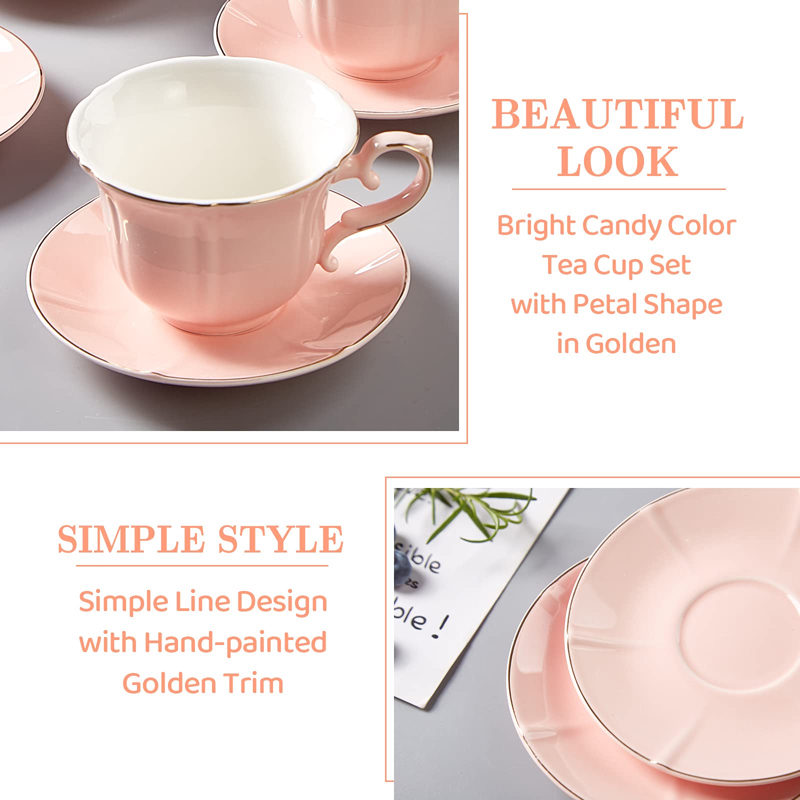 Tea Cups and Saucers with Golden Trim, Petal Edge Coffee Cups with Metal Stand