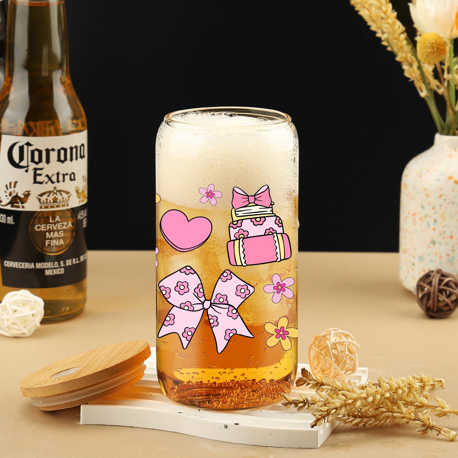 Cherry Bow Cup, Birthday Gifts for Women, Girly Gifts for Her, Sister, Mom, Colleague - 16 OZ Glass Tumbler with Straw & Lid, Coquette Iced Cup