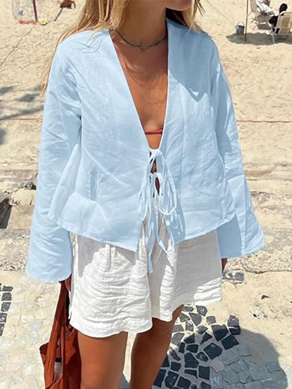 Women Y2K Linen Tie Front Tops- Flare Sleeve V Neck Coquette Lace Up Bow Blouse