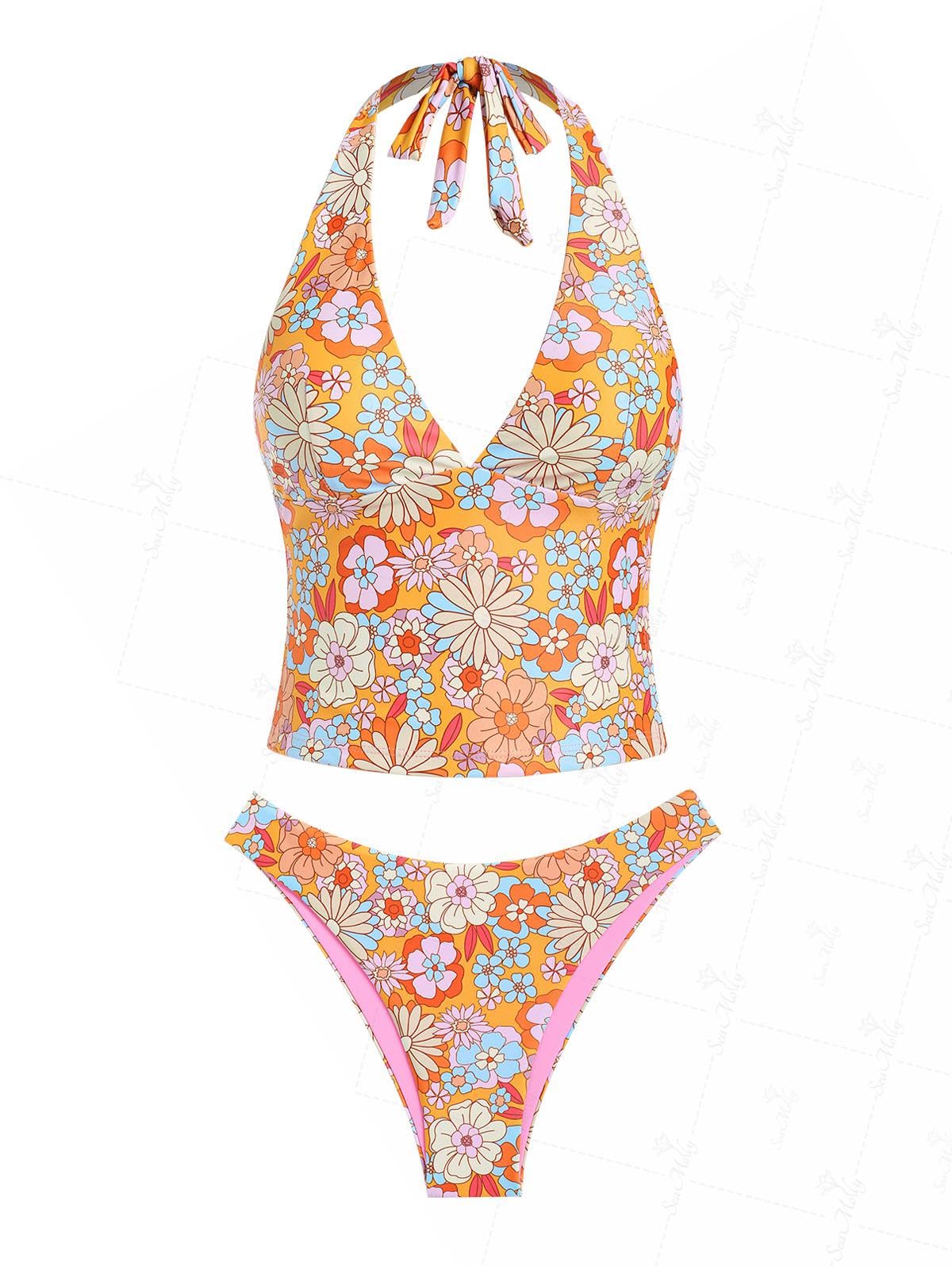 Floral Halter Tied Cheeky Tankini Set