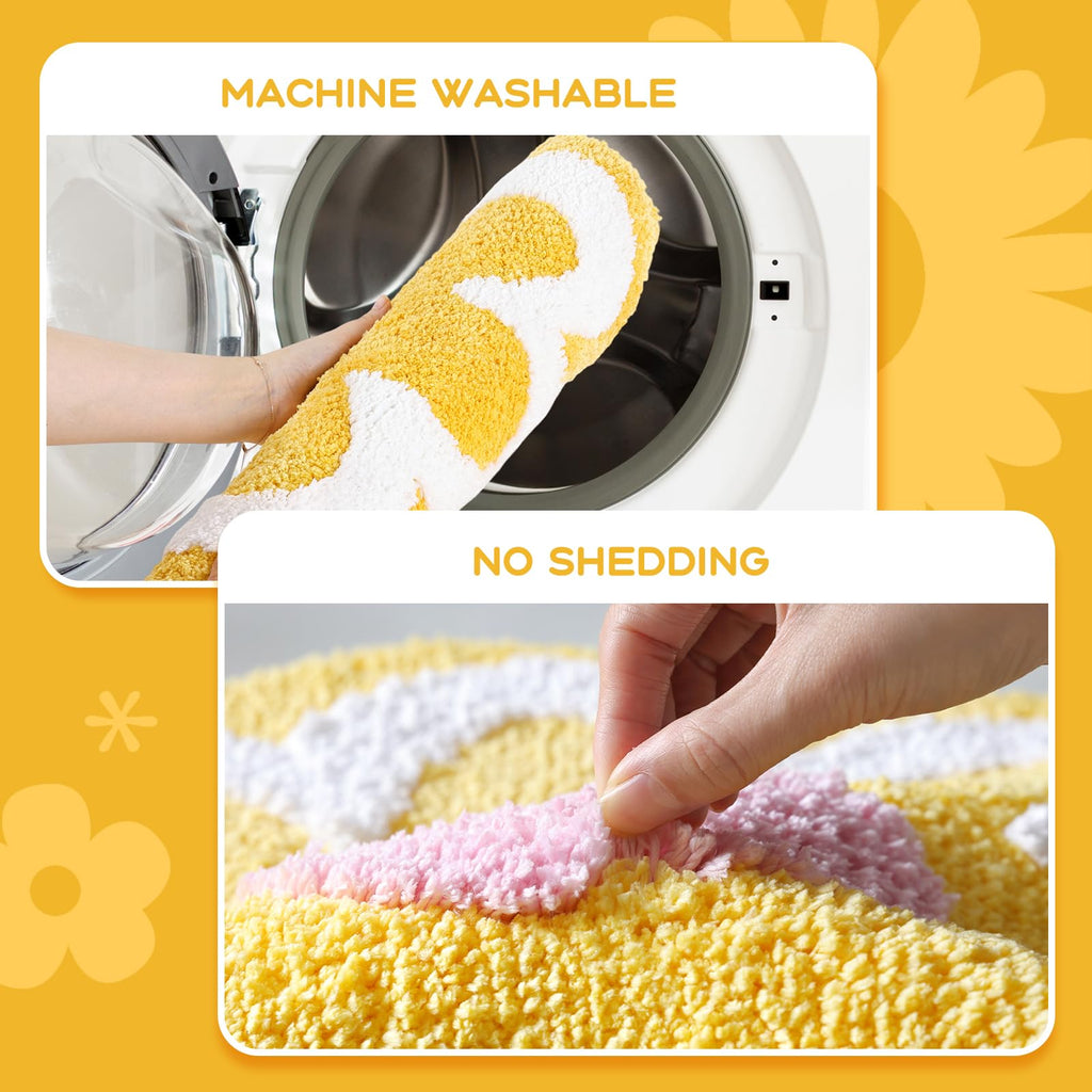 Cute Flower Bath Mat, Machine Washable Bath Rug, Ultra Soft and Fluffy Bathroom Mat, Small Round Non-Slip Water Absorbent Bath Mats for Bathroom Floor, Shower Room and Bathtub