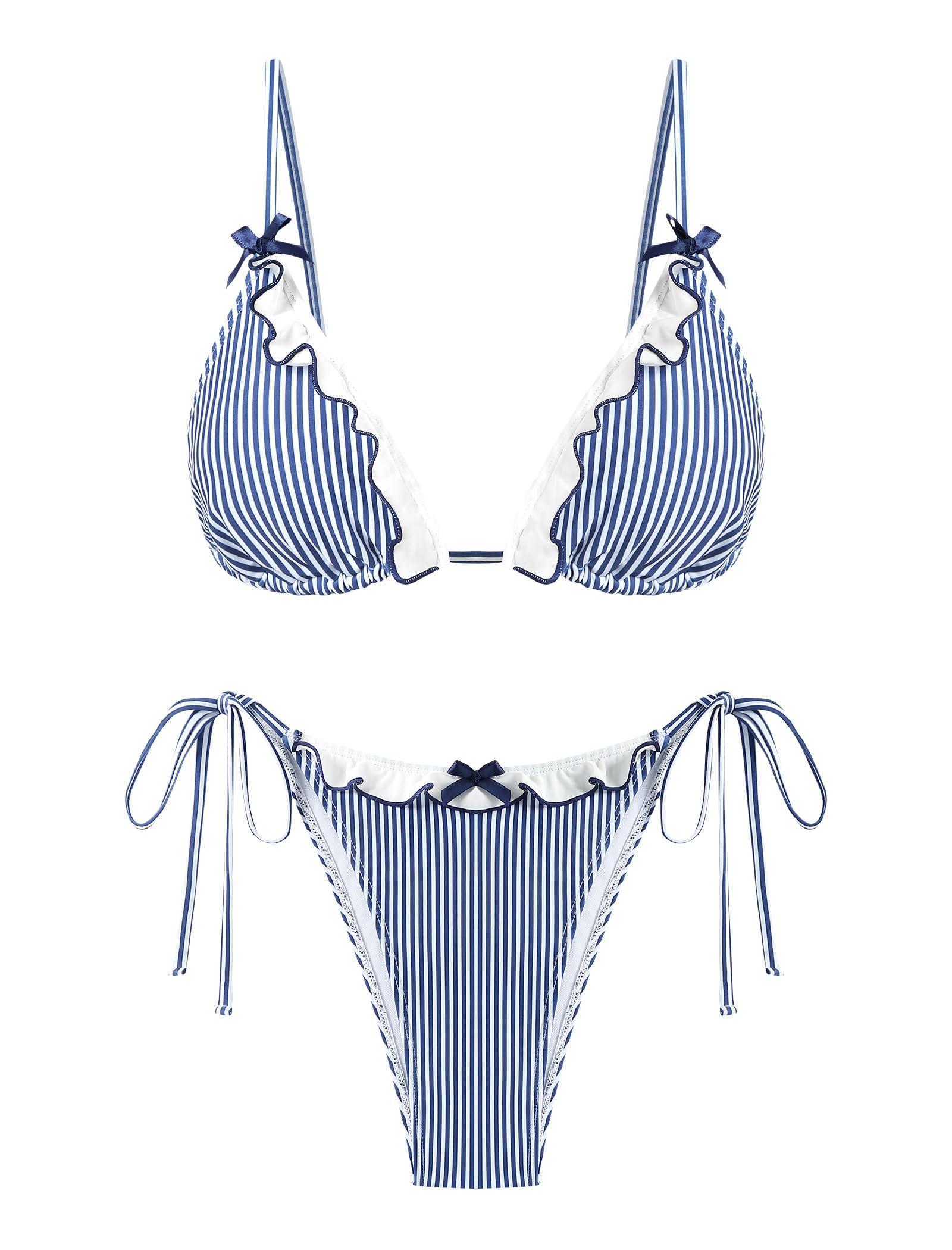 Women's Triangle Bikini Lace Frilled Ruffles Gingham Print Tie Side Spaghetti Strap 2 Pieces Bikini Swimsuit
