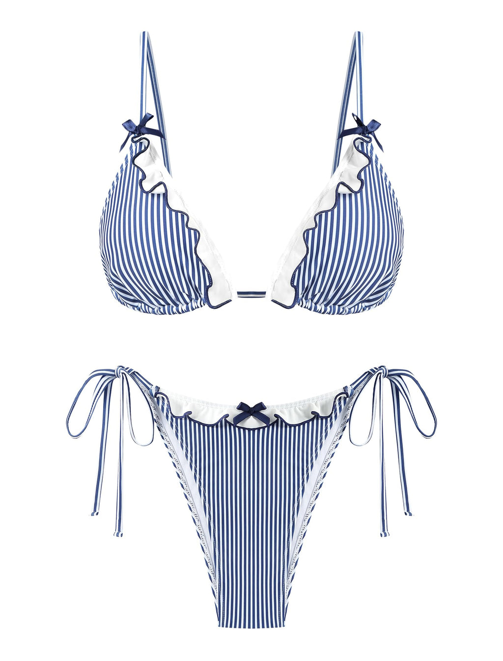 Women's Triangle Bikini Lace Frilled Ruffles Gingham Print Tie Side Spaghetti Strap 2 Pieces Bikini Swimsuit