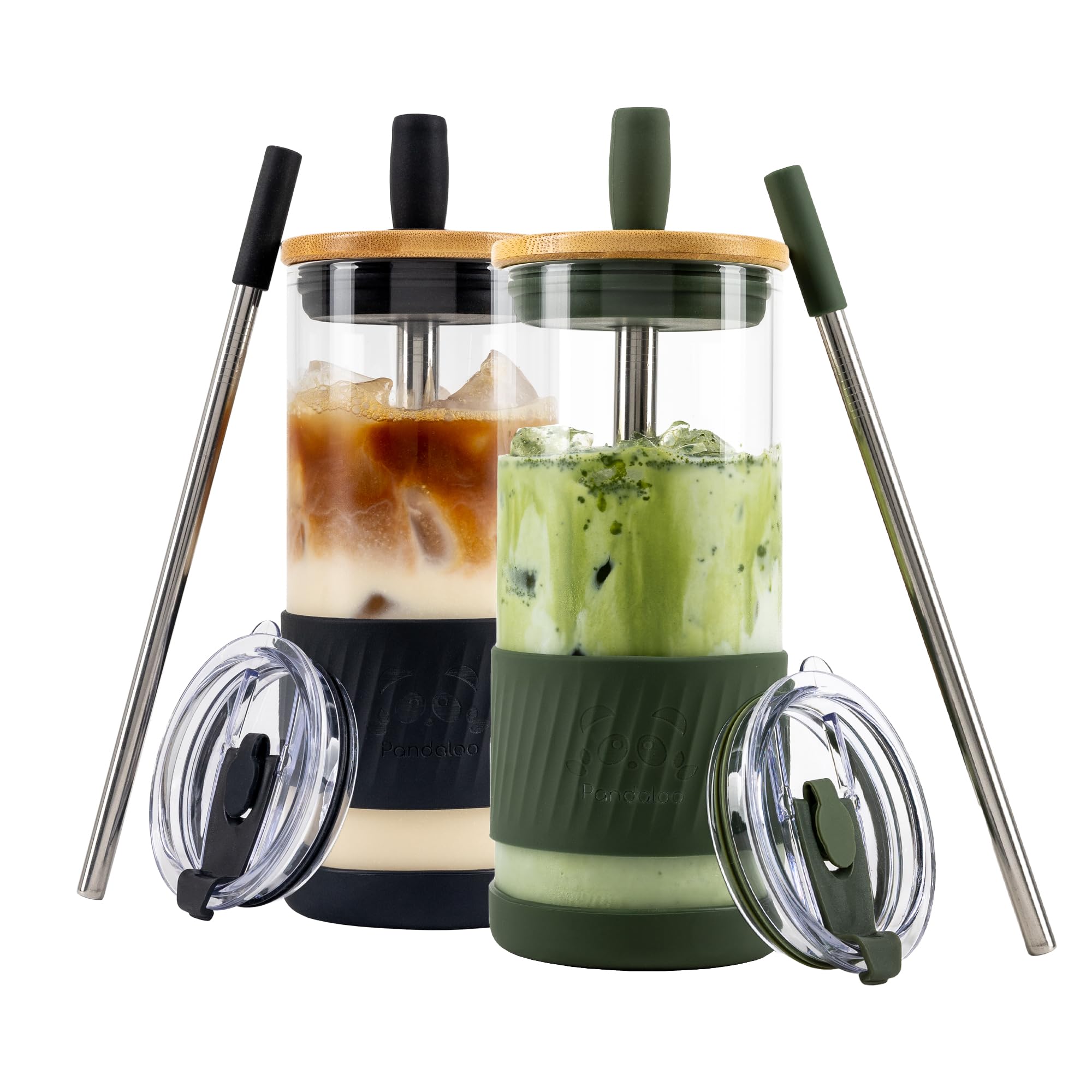 Pandaloo® Glass Cups With Lids and Straws -20 Fl Oz- Perfect Size Iced Coffee Cup - Smoothie Cup With Bamboo Lid and On the go Lid - Glass Tumbler With Straw