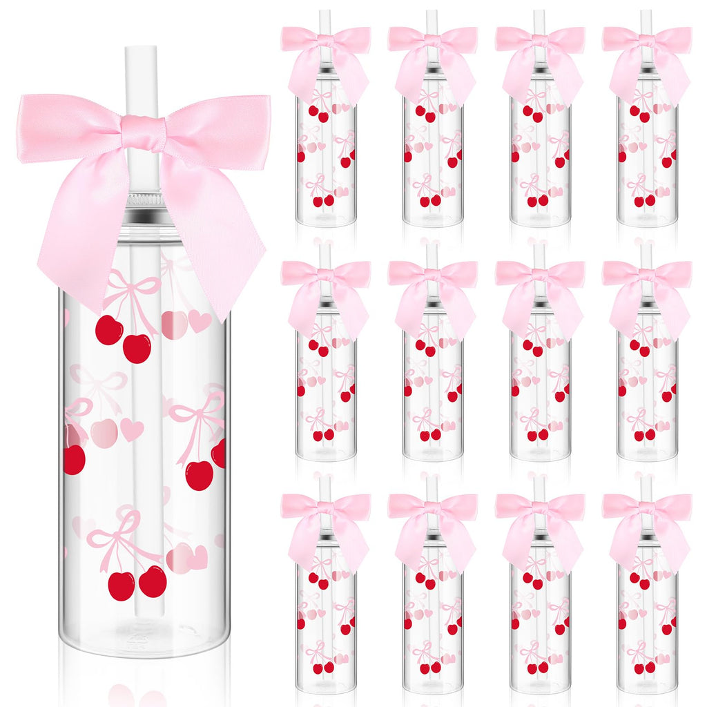 Pink Bow Plastic Bottle with Straw Lid and Twist Bow Disposable Coquette Cherry Bow Bottles Cute Inspired Retro Reusable Bottles 12 Pcs