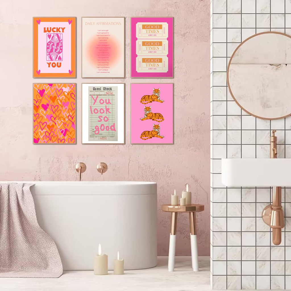 Pink and Orange Preppy Wall Art Queen Poker Halo Angel Digital Poster Tiger Heart You Look Good Yk2 Print Fashion Preppy Canvas Unframed Size: 8x10 inches 6 Pieces