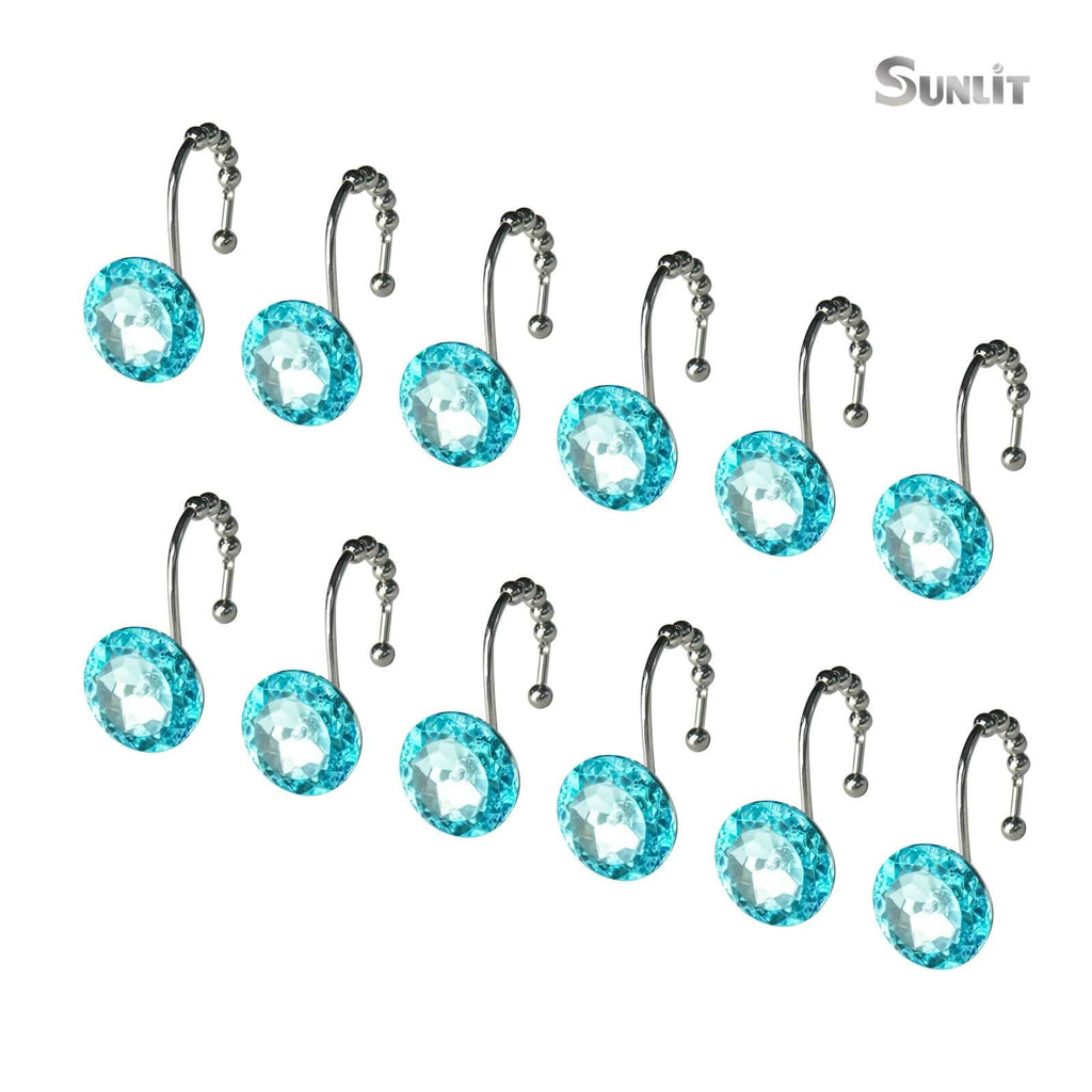 Luxury Design Round Diamond Crystal Gem Bling with Glide Balls Shower Curtain Hooks, Rust Proof Metal Rhinestones Glam Shower Curtain Rings-12 Pack