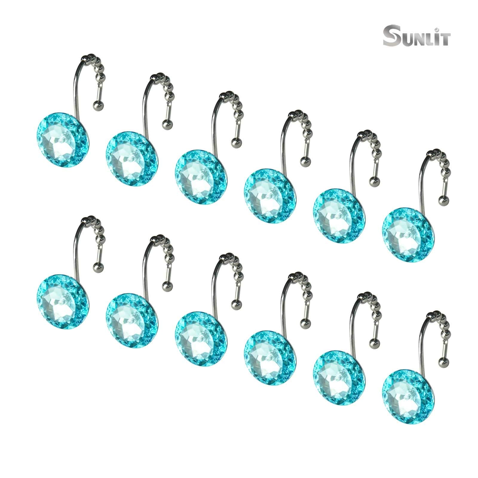 Luxury Design Round Diamond Crystal Gem Bling with Glide Balls Shower Curtain Hooks, Rust Proof Metal Rhinestones Glam Shower Curtain Rings-12 Pack