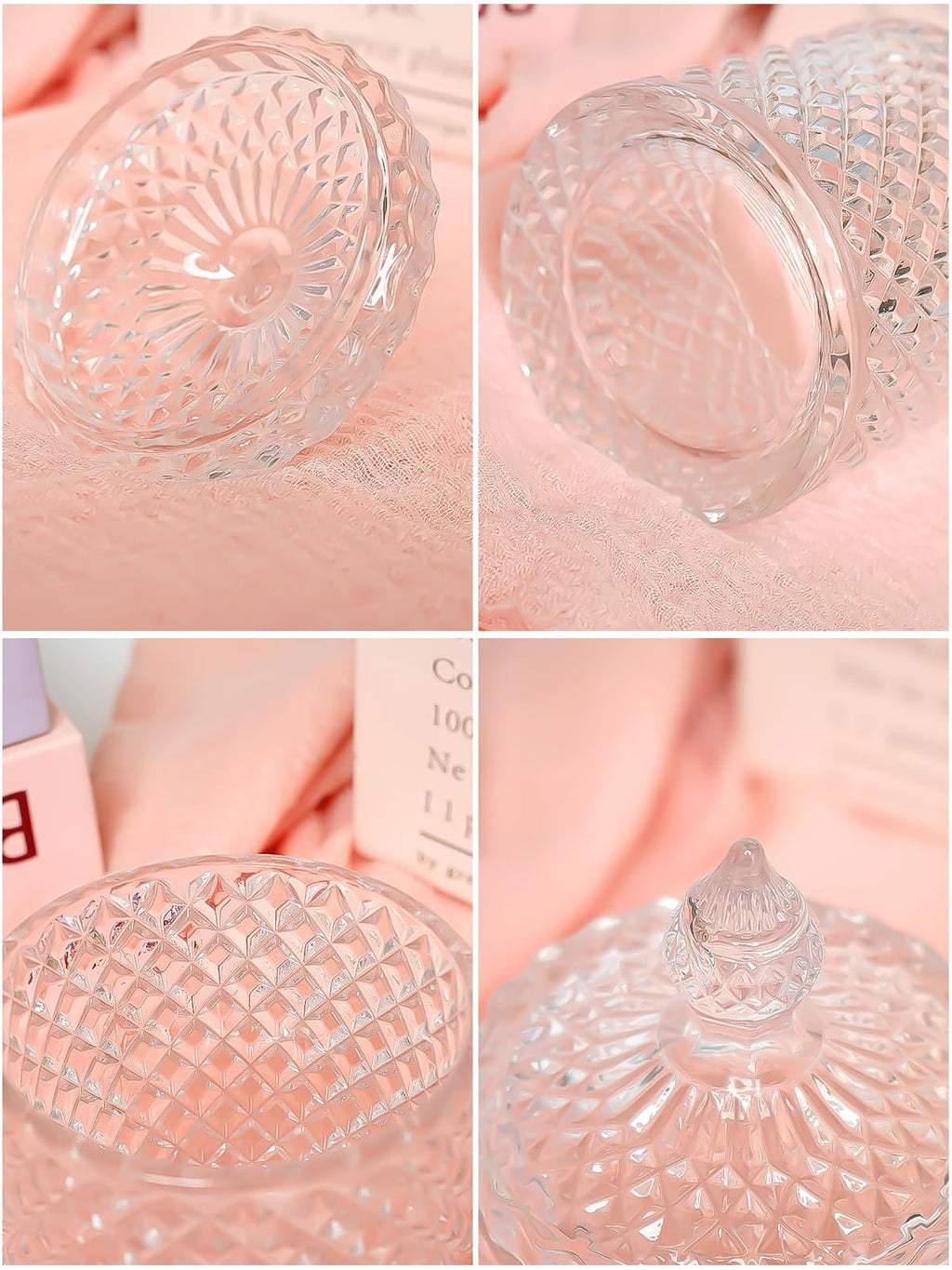 Cute Glass Apothecary Jars with Lid, Pink Cotton Ball Pad Round Container Holders and Vanity Canister Storage Jar for Makeup Sponges, Floss, Hair Accessories 2 Pack