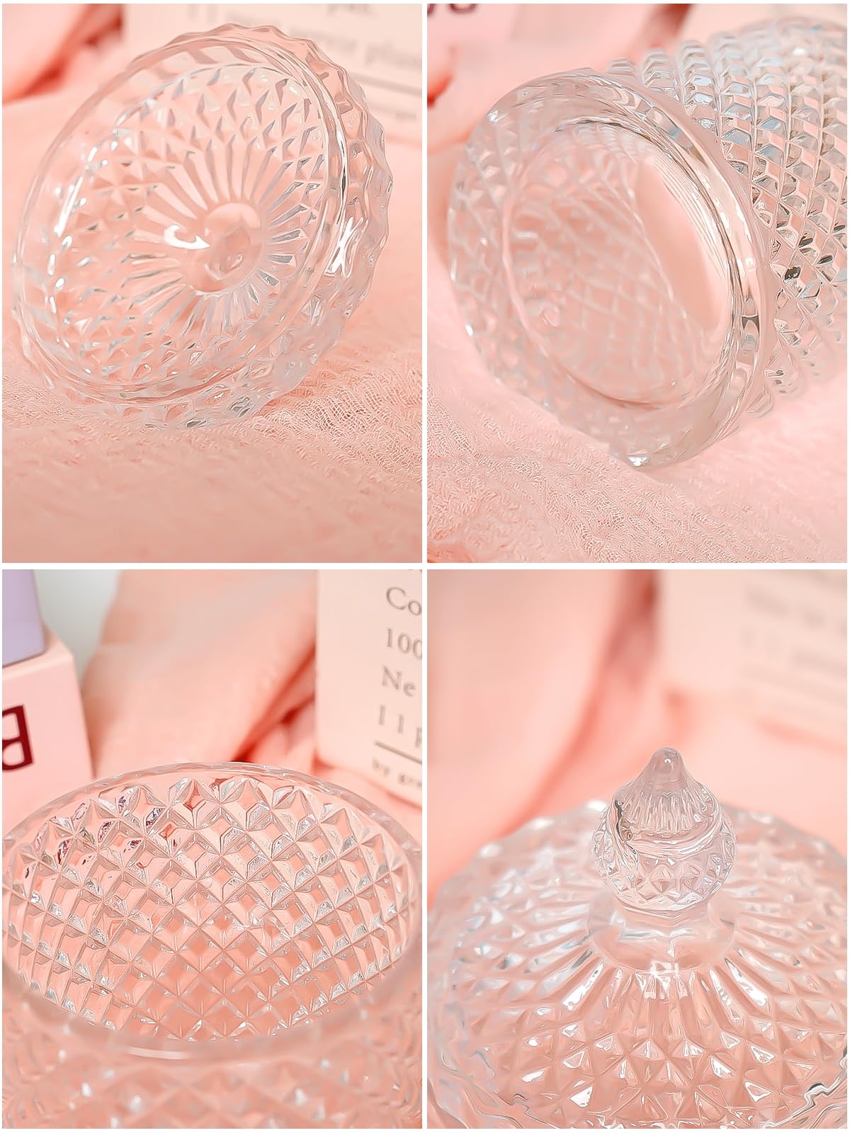 Cute Glass Apothecary Jars with Lid, Pink Cotton Ball Pad Round Container Holders and Vanity Canister Storage Jar for Makeup Sponges, Floss, Hair Accessories 2 Pack