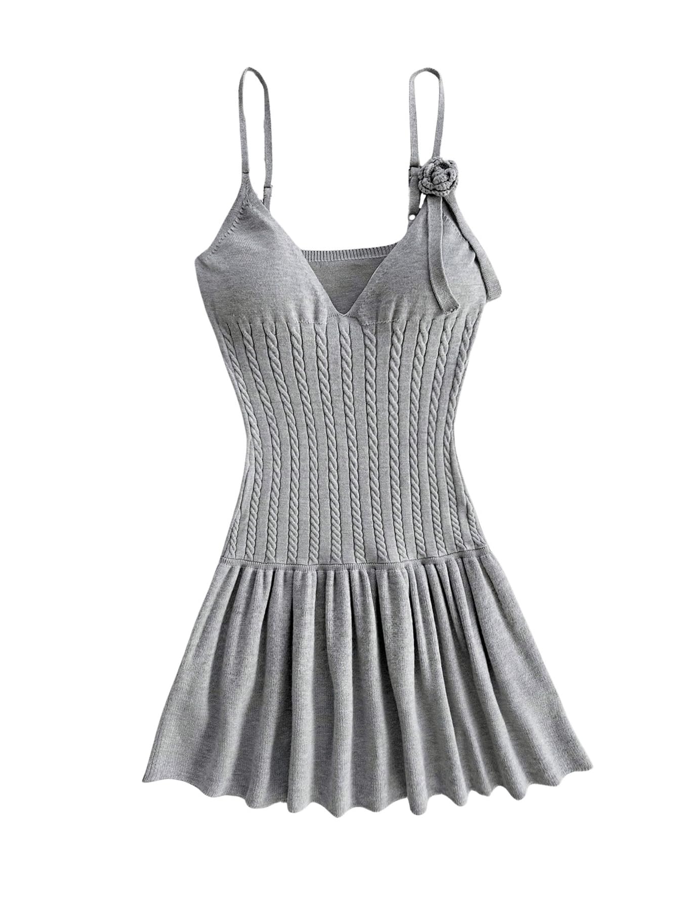 Women's 3D Floral Ruffle Mini Dress Cable Knit Spaghetti Strap Cami Dresses