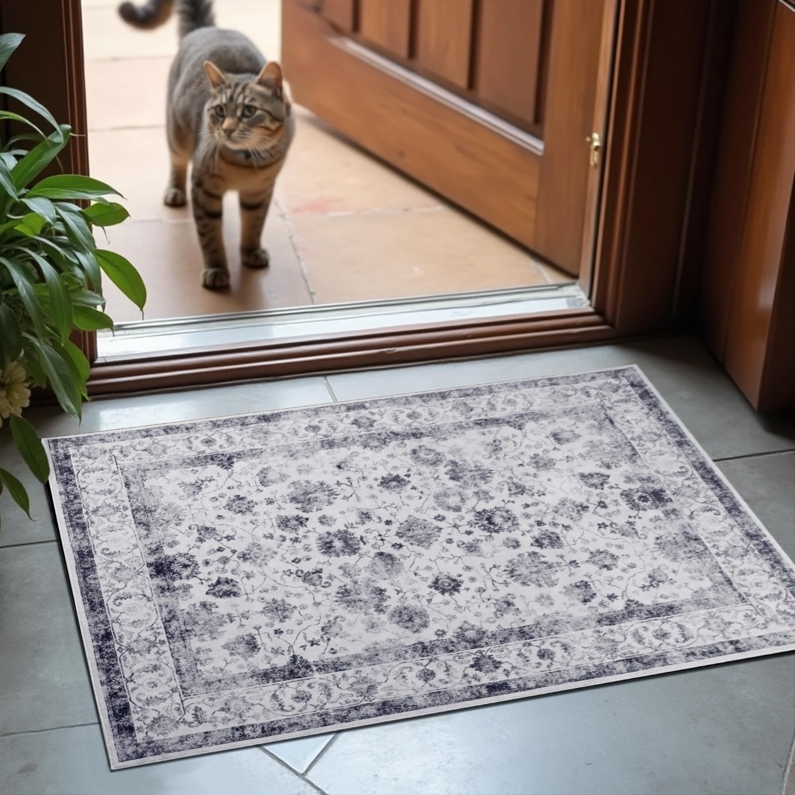 Washable Area Rugs Door Mat Entryway Vintage Floral Non-Slip Low Pile Entrance Thin Rug Carpet for Kitchen Bathroom Living Room Pink