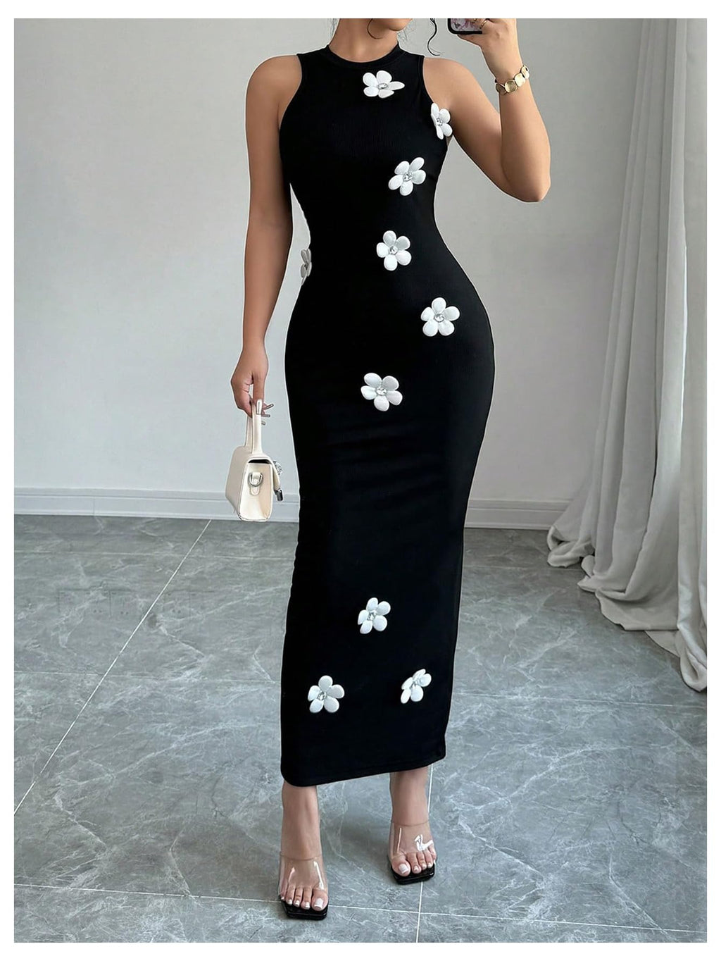 Women's 3D Flower Long Dress Cut Out Back Bodycon Sleeveless Elegant Maxi Dres