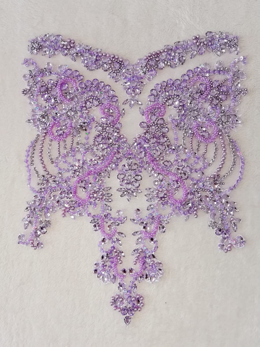 Handmade red/Blue/Gold/Green Rhinestones lace Bodice Applique Sewing Beads Crystal Trim Patches Accessory for Dress Clothes (Rose red)