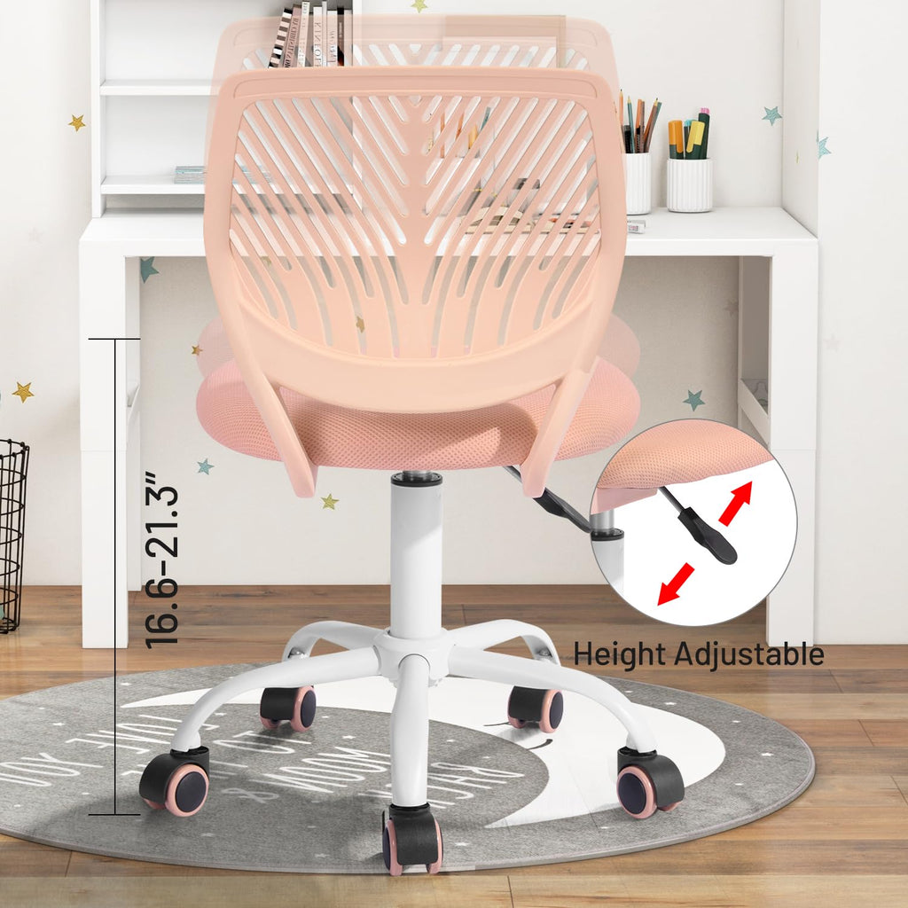 Study Desk Chair Armless Cute, Ergonomic Small Swivel Adjustable Rolling Lightweight Task Chair with Wheels and Mesh Padded Cushion