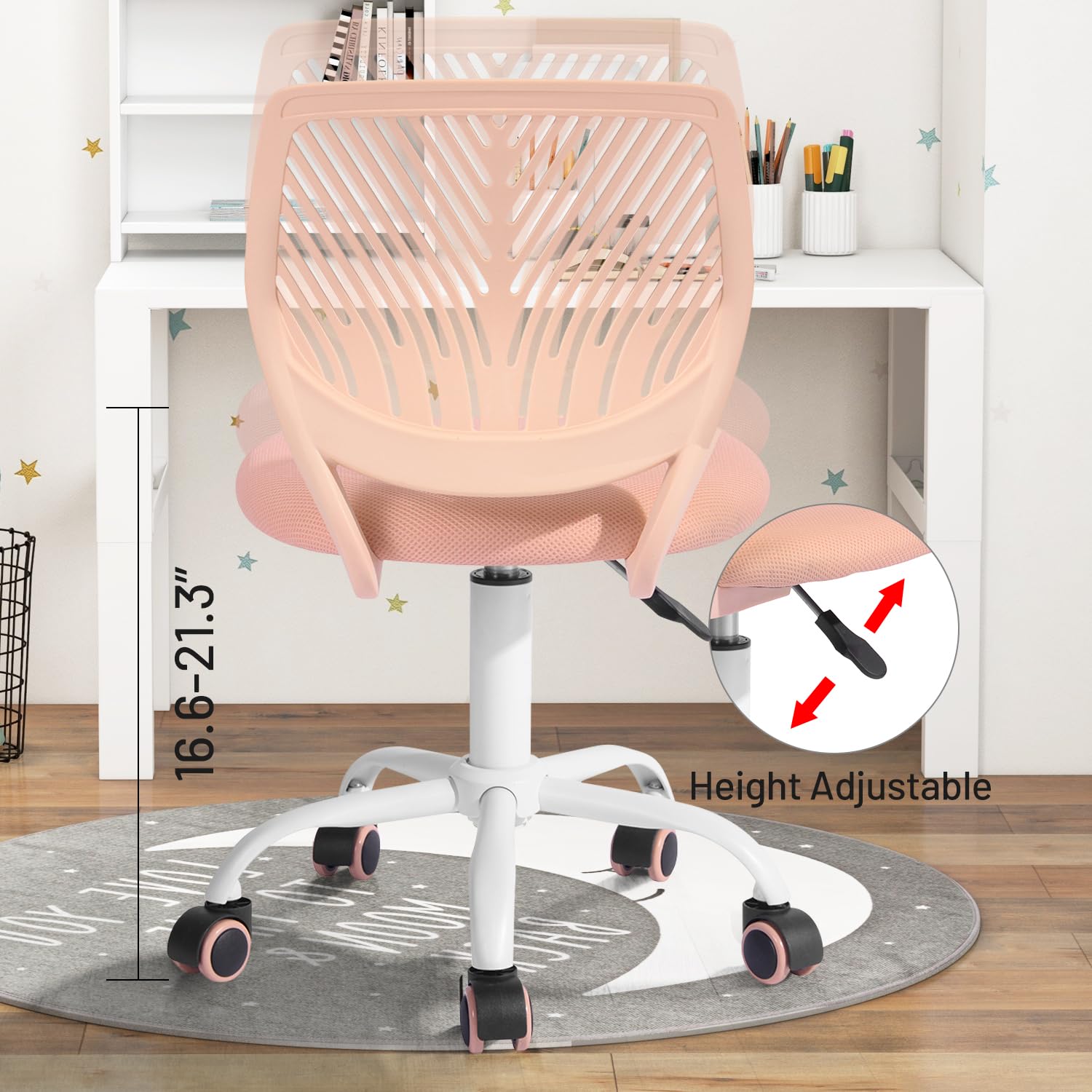 Study Desk Chair Armless Cute, Ergonomic Small Swivel Adjustable Rolling Lightweight Task Chair with Wheels and Mesh Padded Cushion