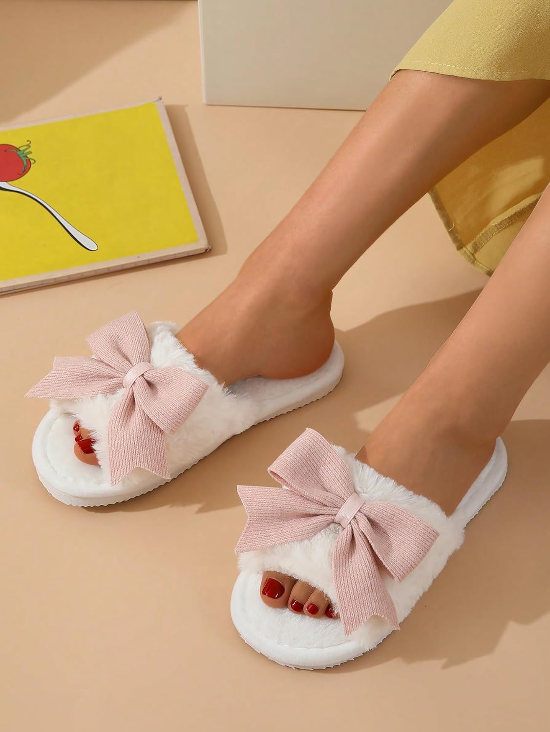 Women's Cute Bow Decor Fuzzy Open Toe Indoor Home Slippers Fashionable Warm Comfy Furry Outdoor Slippers