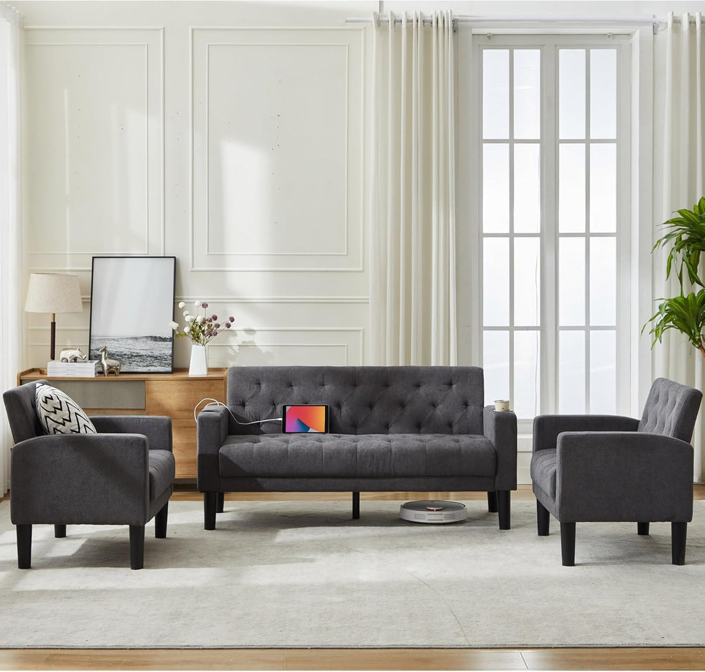 Velvet Loveseat Sofa w/ 2 USB Charger Ports and 2 Cupholders, Mid-Century Modern Tufted