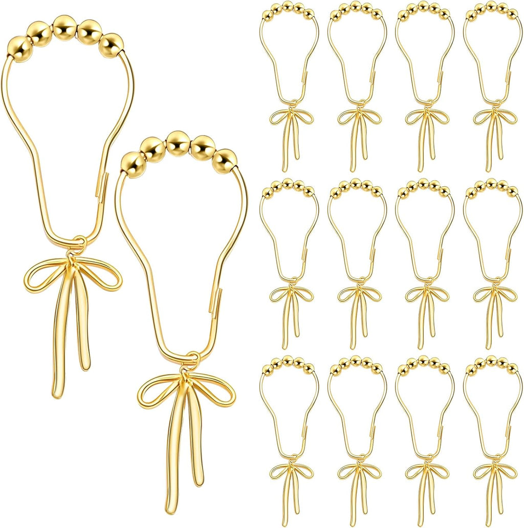 Gold Bow Knot Shower Curtain Hooks Rustproof Metal Decorative Bow Knot Shower Hangers Bulk Glide Curtain Rings 12 Pcs