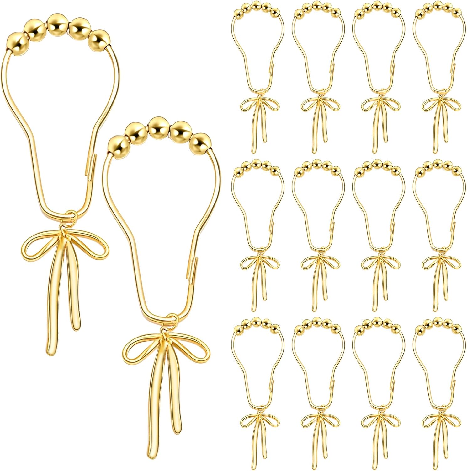 Gold Bow Knot Shower Curtain Hooks Rustproof Metal Decorative Bow Knot Shower Hangers Bulk Glide Curtain Rings 12 Pcs