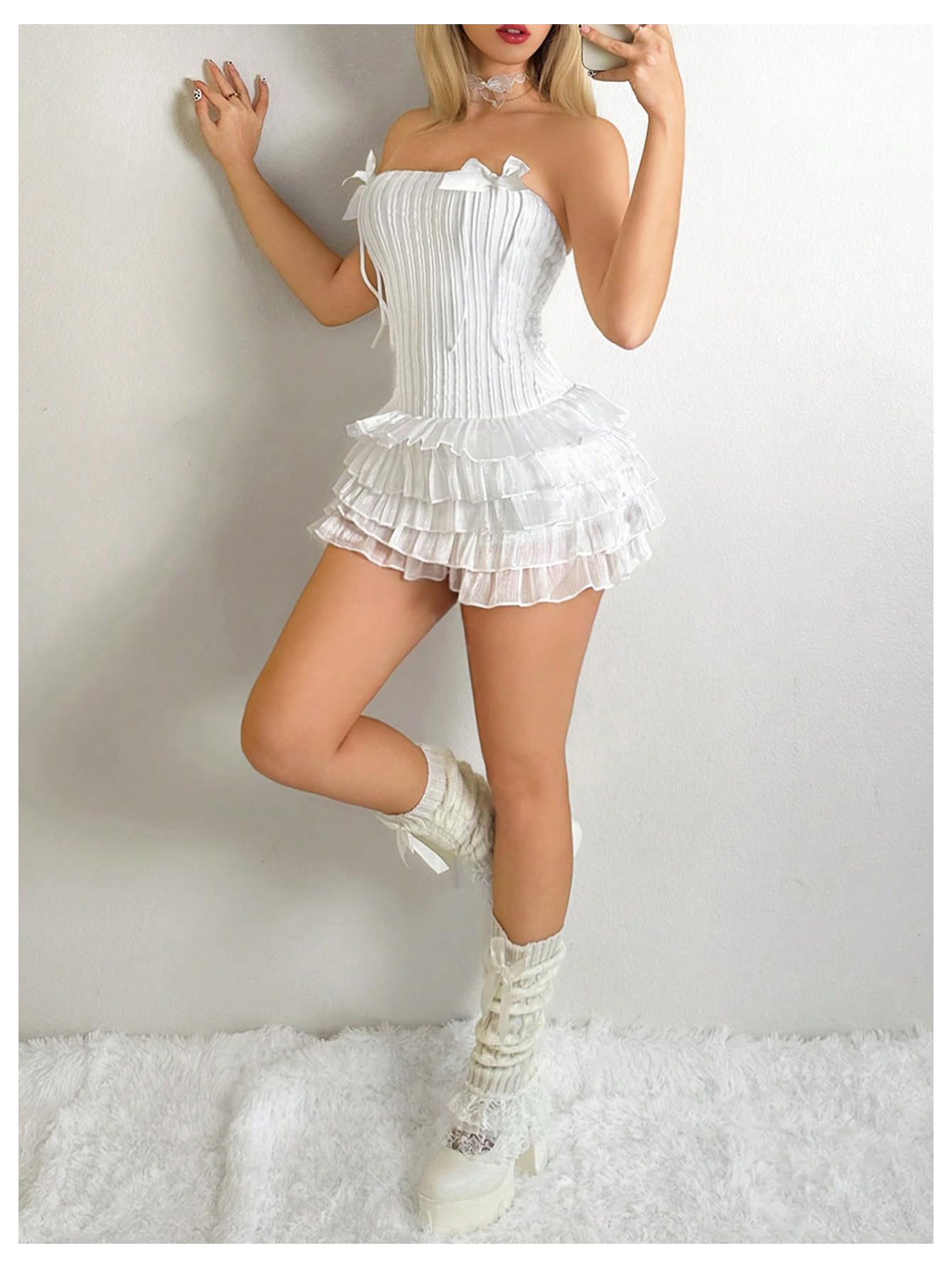Women's Ruffle Hem Tiered Tube Dress Cute Strapless Bow Mini Dresses