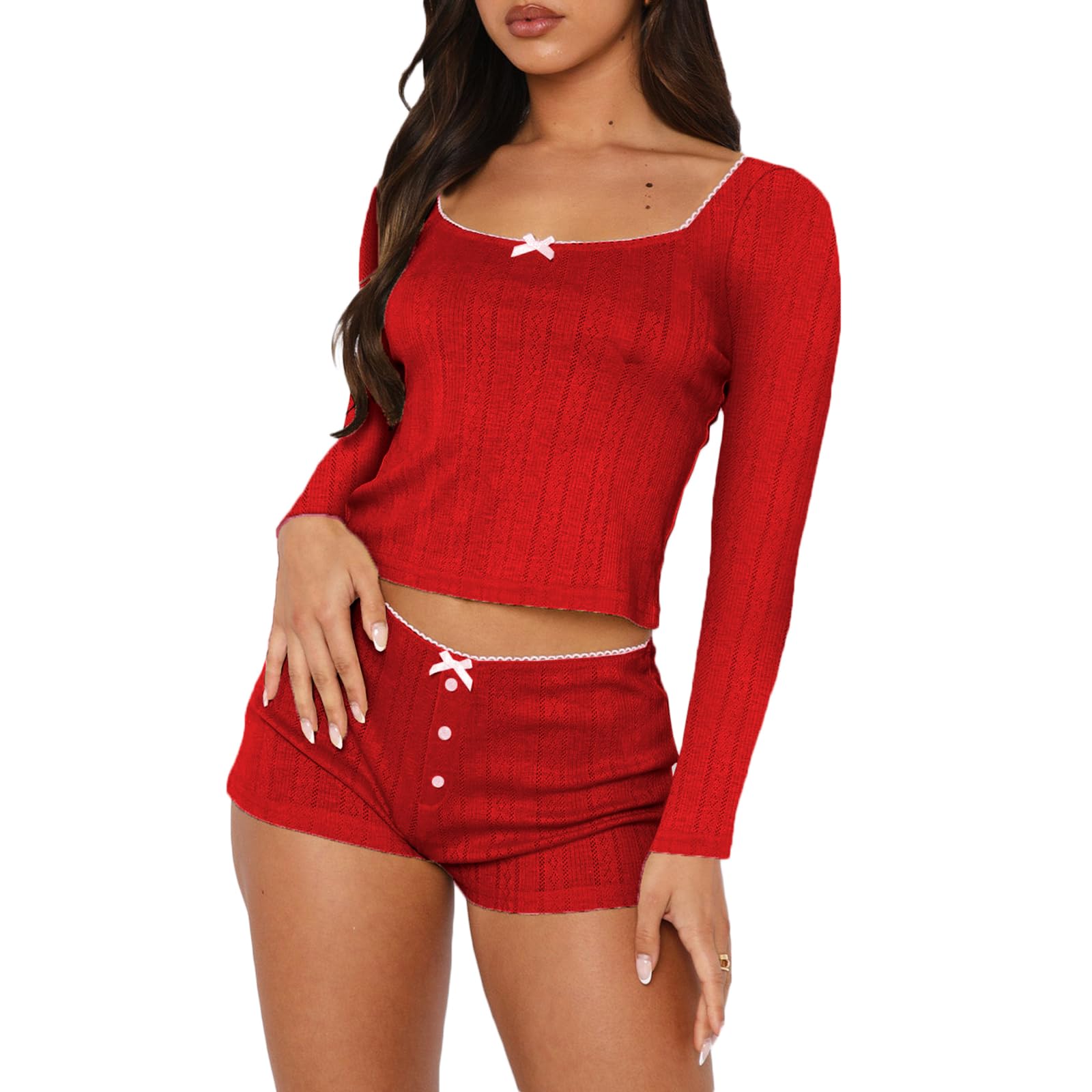 Women's Two Piece Outfit Lace Trim Top and Shorts Set 2 Piece Lounge Sets Ladies PJs Summer Clothes