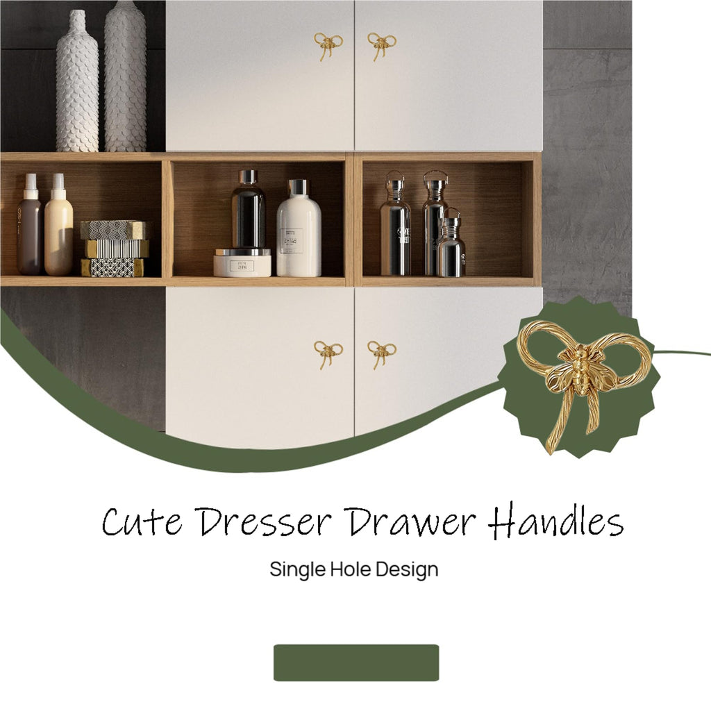 Gold Brass Small Bow Knobs Cute Dresser Drawer Handles Kitchen Cabinet Pulls Art Deco Single Hole Decorative Knobs Modern Furniture Hardware for Closet Cupboard