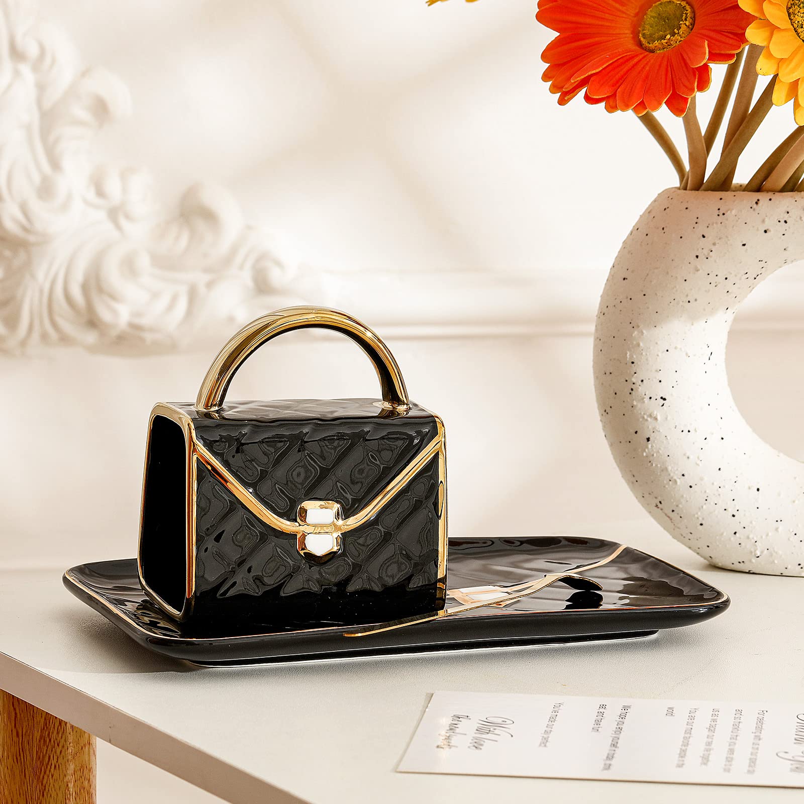 Set Coffee Mug Elegant Handbag Shaped Cup Modern Ceramic Purse Mug with Spoon and Saucer, 10oz Cute Creative Tea Cup