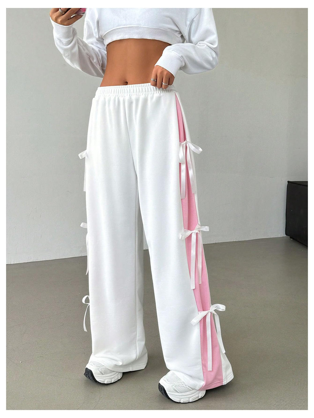 Women's Bow Wide Leg Sweatpants Elastic Waist Casual Baggy Pants with Pocket