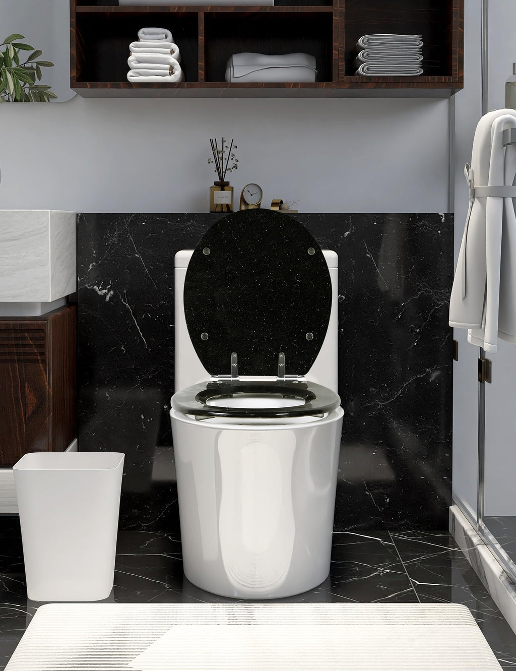 Round Resin Toilet Seat Glitter Soft Close Quick Release Metal Zinc Alloy Hinge Easy to Install also Easy to Clean, Decorative Acrylic Seats (17 Inch)