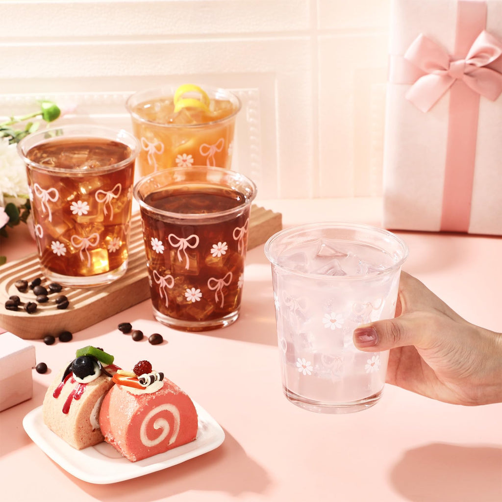 Coquette Bow Glass Cups Pink Bow Aesthetic Drinking Glasses 4 Pcs 8oz