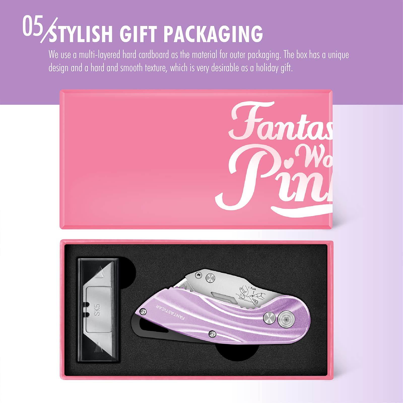 Folding Utility Knife, Cute Metal Box Cutter with Extra 5 Sharp Blades, Quick Blade Change, and Preminium Gift Packaging, for Cardboard Opener, Paper Cutter