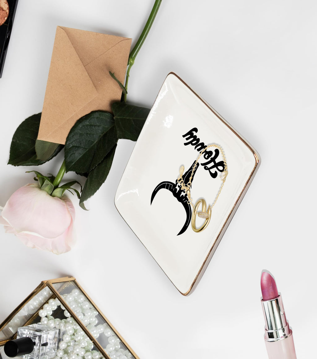 Ceramic Jewelry Tray Dish, Pink Print Jewelry Plate Trinket Dish