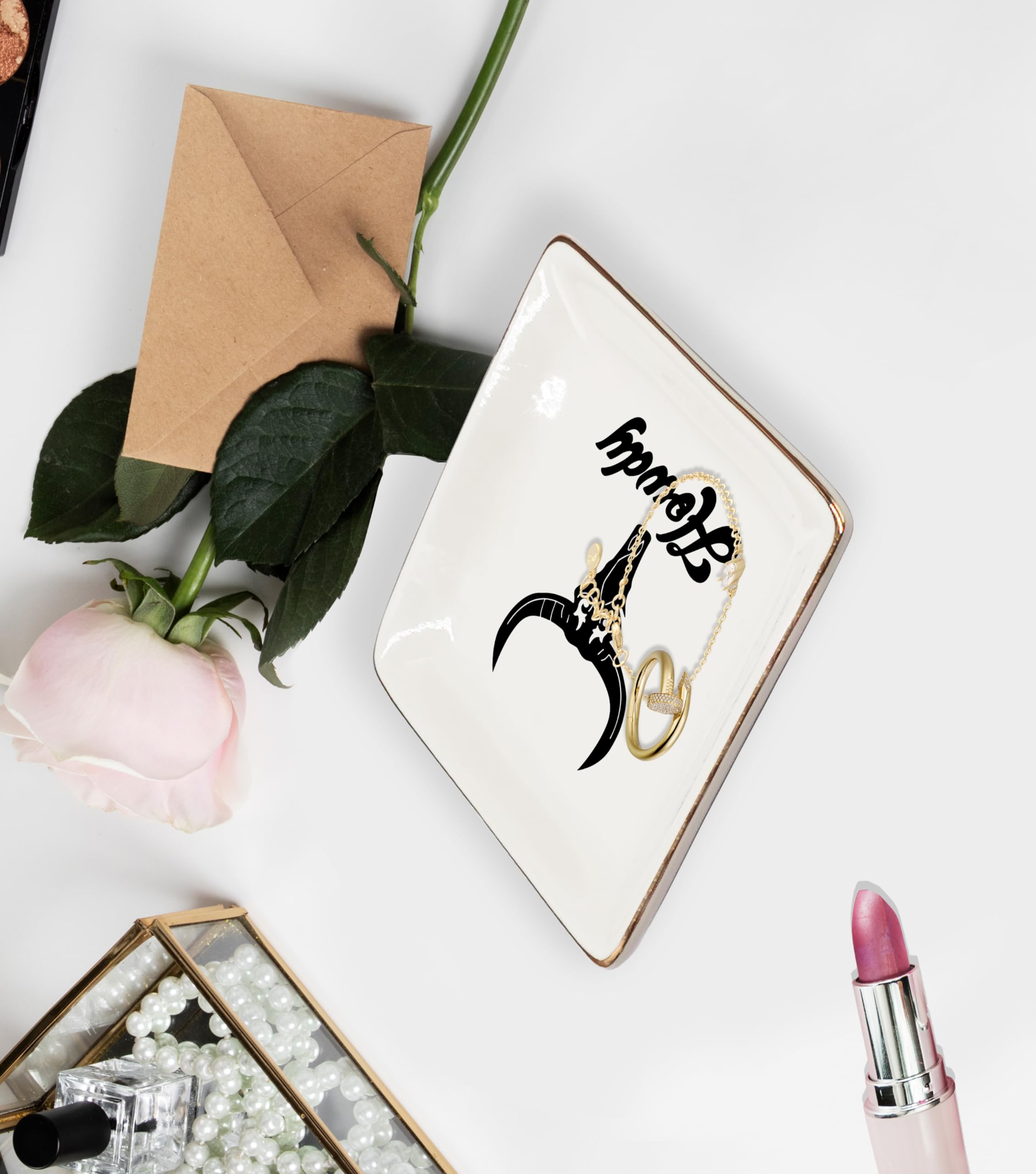 Ceramic Jewelry Tray Dish, Pink Print Jewelry Plate Trinket Dish