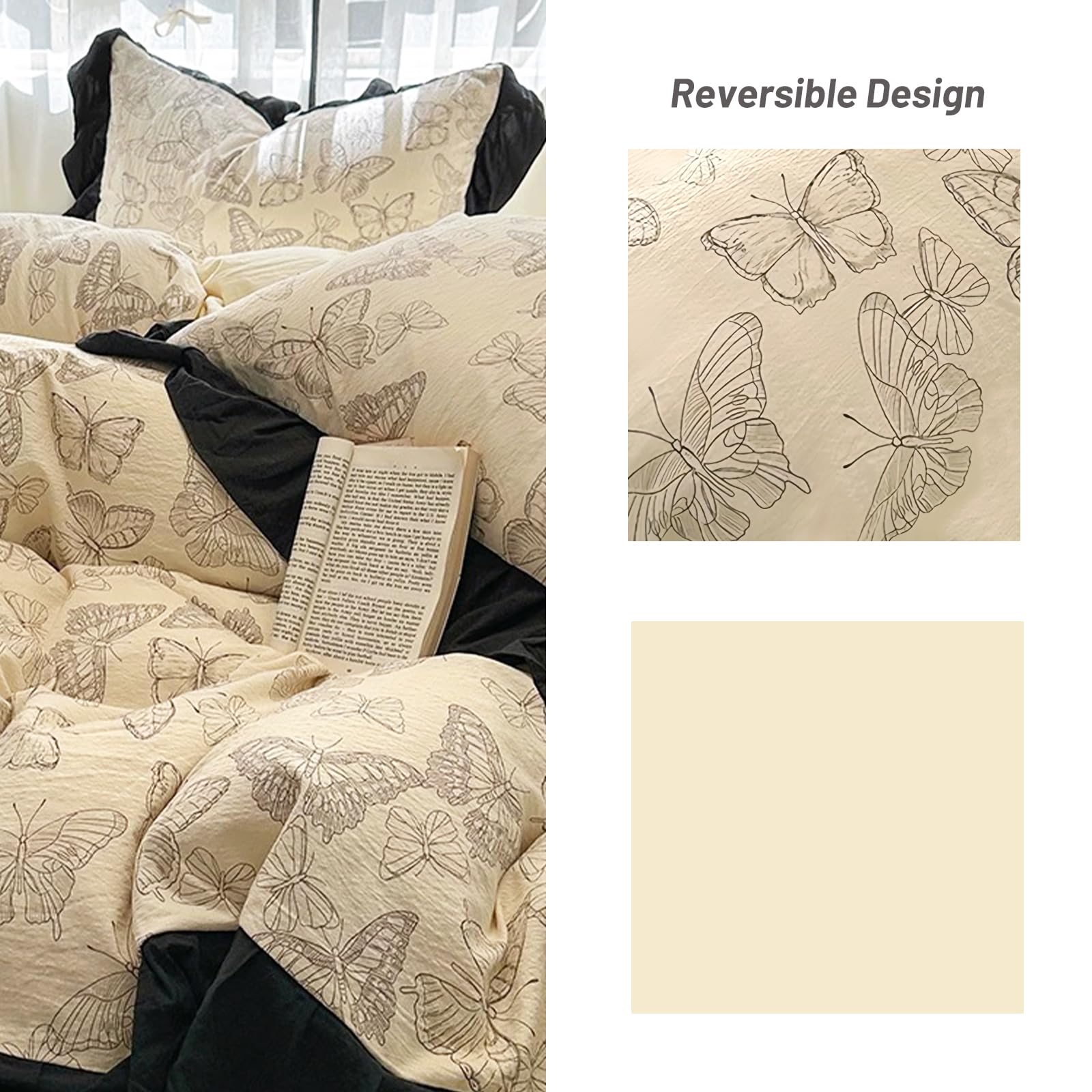 Duvet Cover 4pcs - Cotton Ultra Soft Ruffle Bedding Set includ 1 Duvet Cover with Zipper Ties,1 Fitted Sheet with Bed Skirt, 2 lace Pillow Shams for All Season