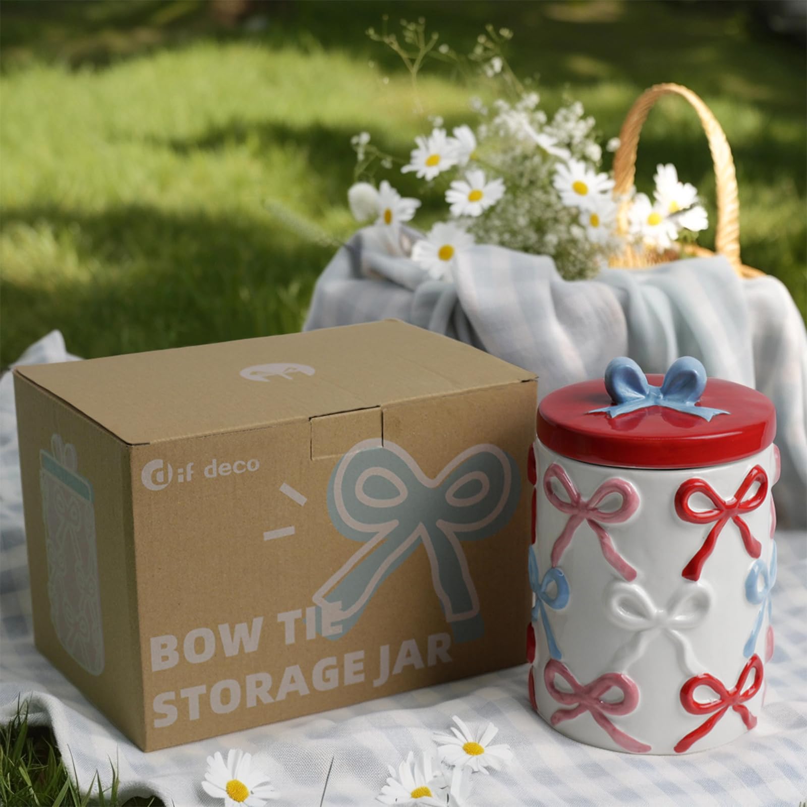 Cookie Bow Jars with Lid Airtight, 7.5 Inch Large Ceramic Food Storage Containers (42oz)