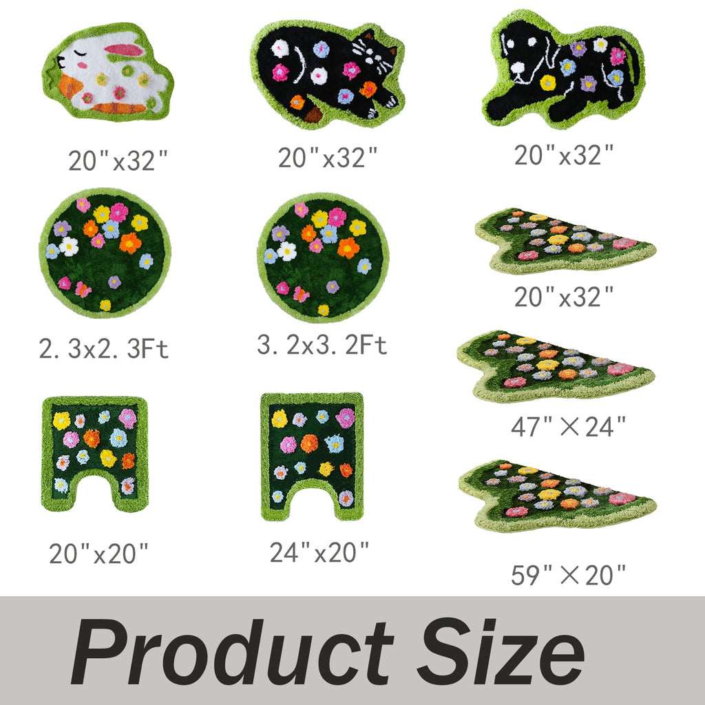 Moss Green Toilet Rugs, Luxury Tufted Extra Thick U-Shaped Toilet Rug,Cute Flower Green Moss Bath Mat Non Slip - Washable Water Absorbent Shag Bathroom Rugs for Bath