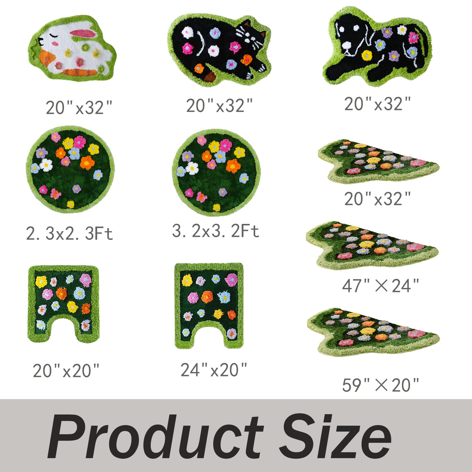 Moss Green Toilet Rugs, Luxury Tufted Extra Thick U-Shaped Toilet Rug,Cute Flower Green Moss Bath Mat Non Slip - Washable Water Absorbent Shag Bathroom Rugs for Bath