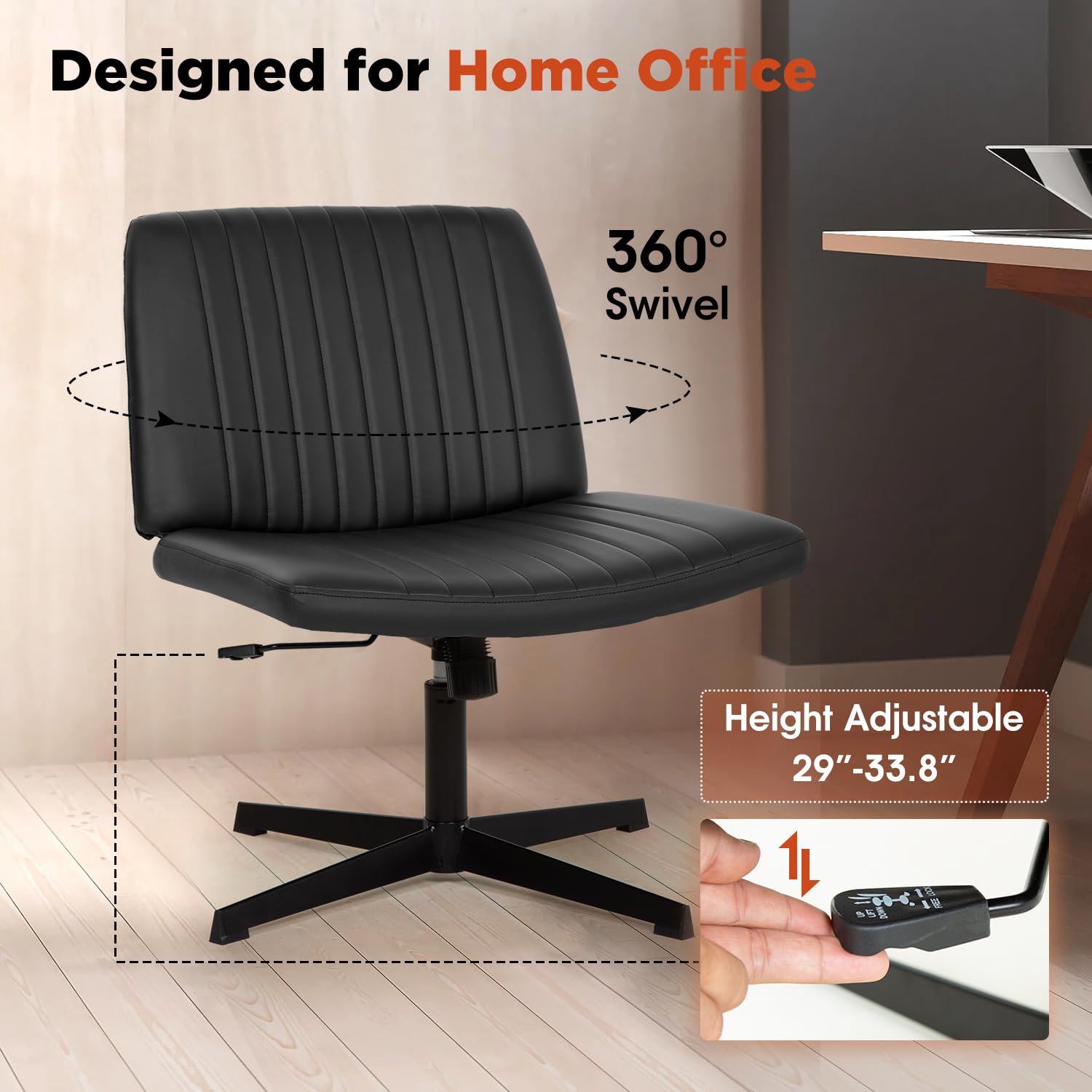 Criss Cross Chair, Armless Cross Legged Wide Comfty Desk Chair with No Wheels Modern Height Adjustable, Swivel Fabric Vanity Chair