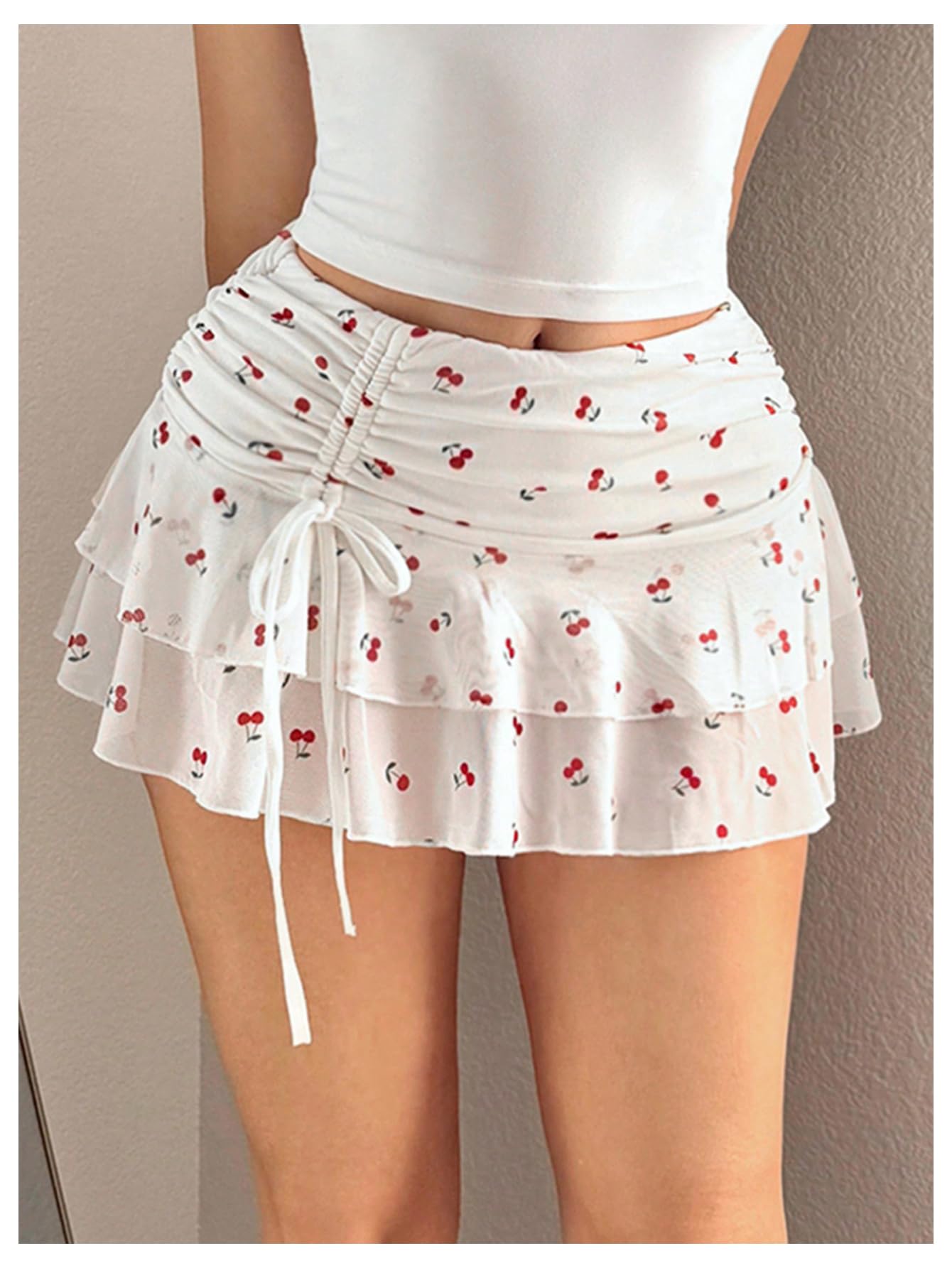 Women's Mesh Cherry Mini Skirt Drawstring Ruched Ruffle Hem Layered Y2k Skirts