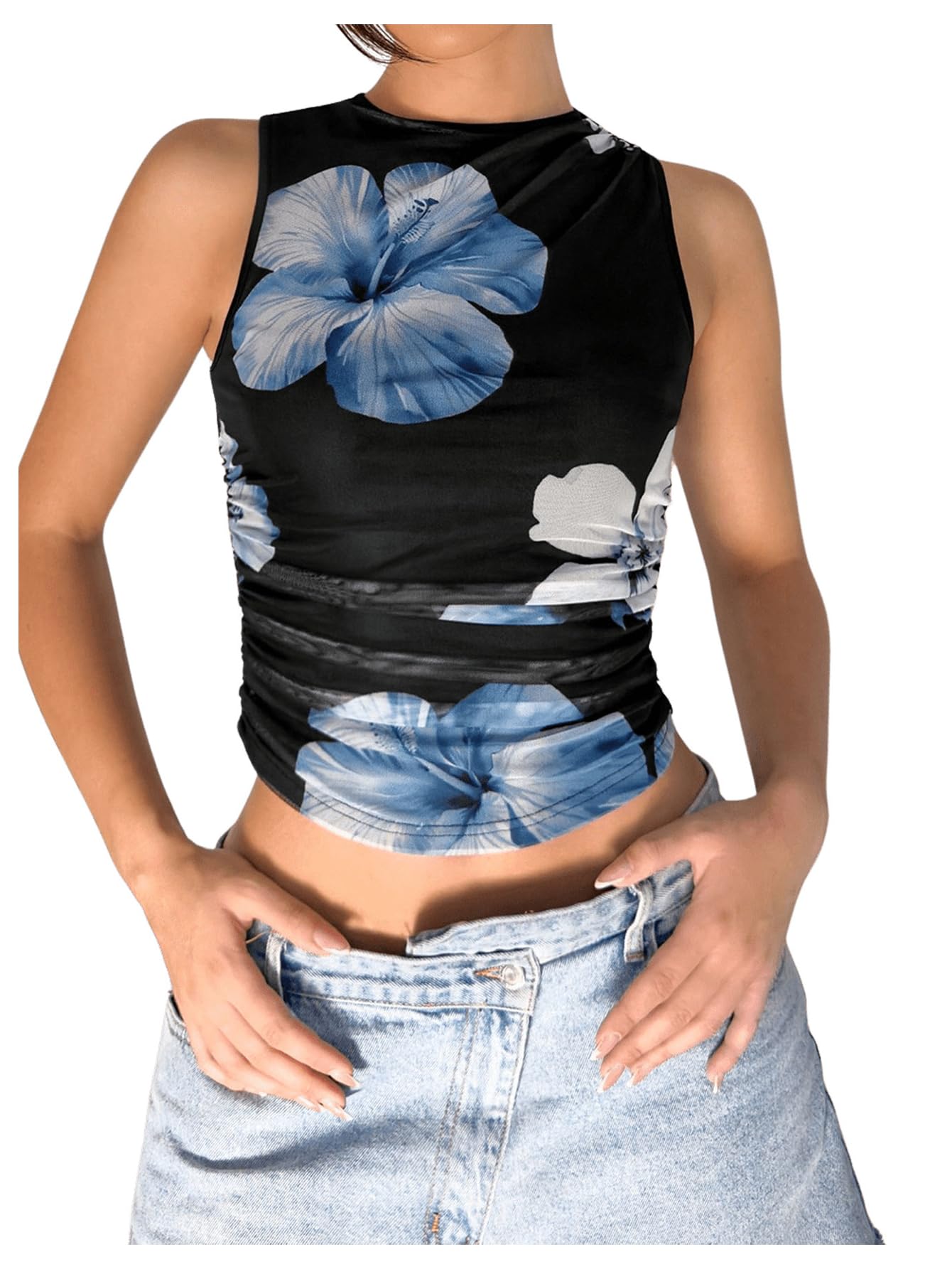 Women's Flower Print Mesh Top Sleeveless Mock Neck Ruched Tank Tops