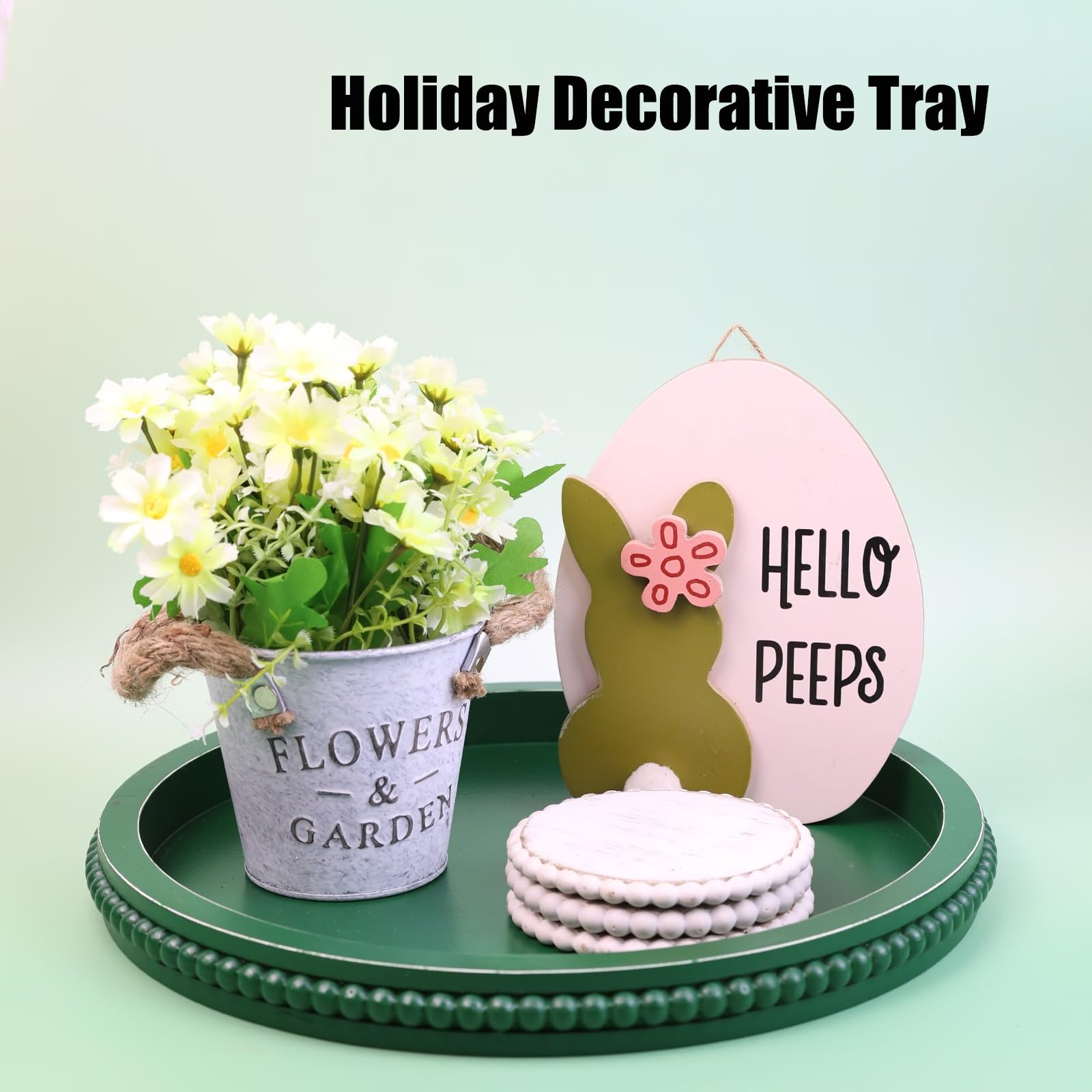 Round Wood Decorative Ottoman Tray for Coffee Table Kitchen Counter, Living Room, Handcrafted Wooden Serving Tray for Table Centerpiece