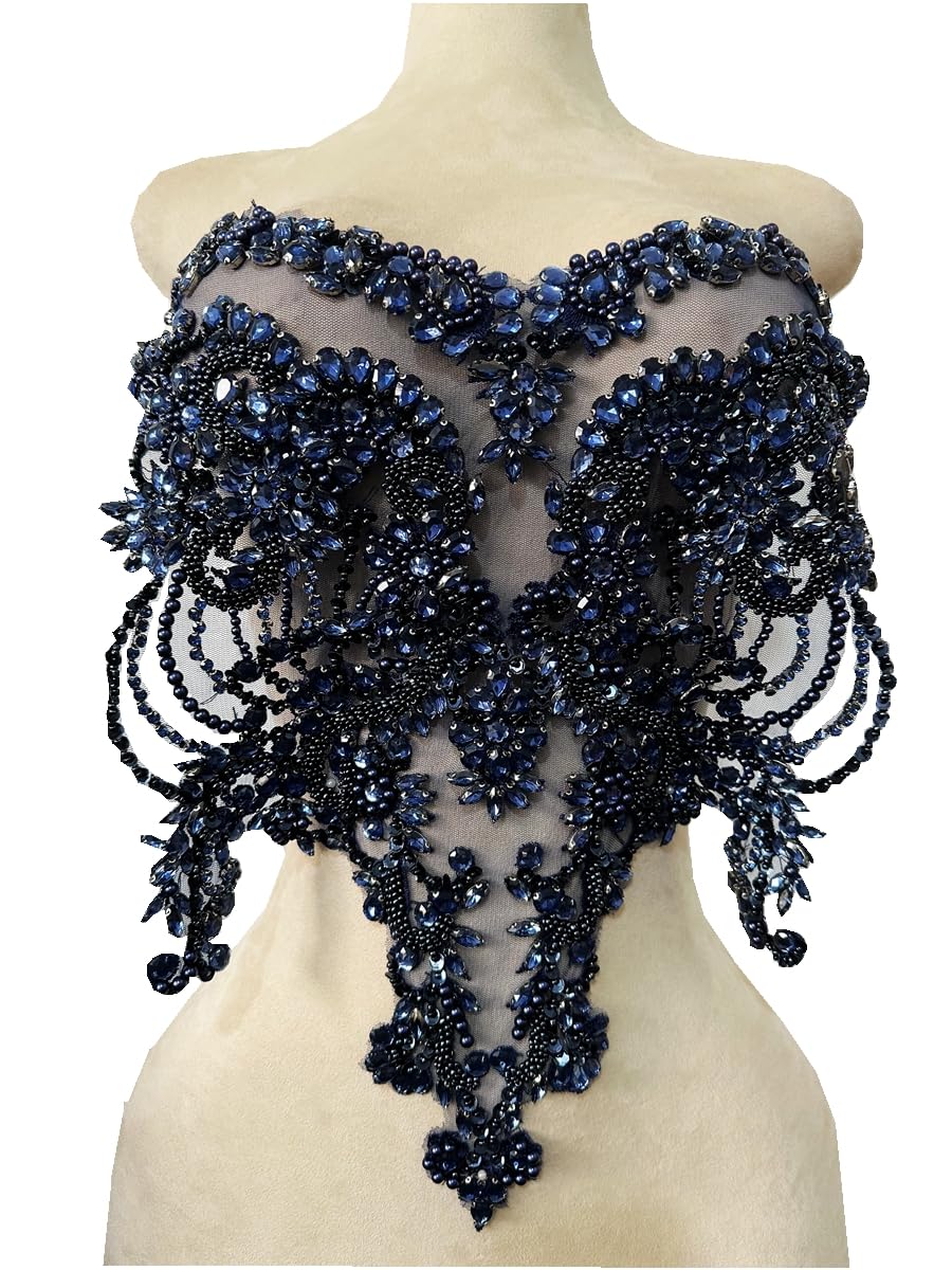 Handmade red/Blue/Gold/Green Rhinestones lace Bodice Applique Sewing Beads Crystal Trim Patches Accessory for Dress Clothes (Rose red)