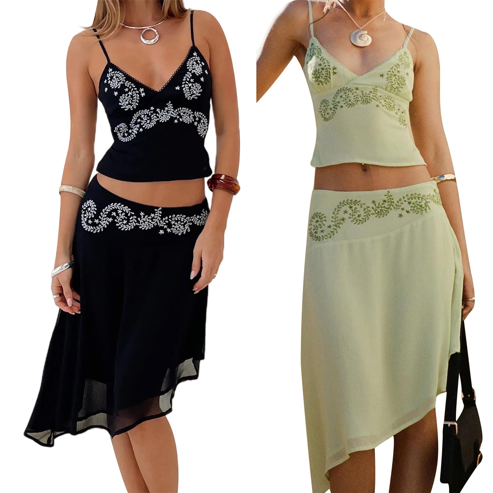 Midi-length Skirt Set for Women 2 Piece Outfit Boho Floral Print Crop Cami Sheer Mesh Irregular Midi Skirt Trendy