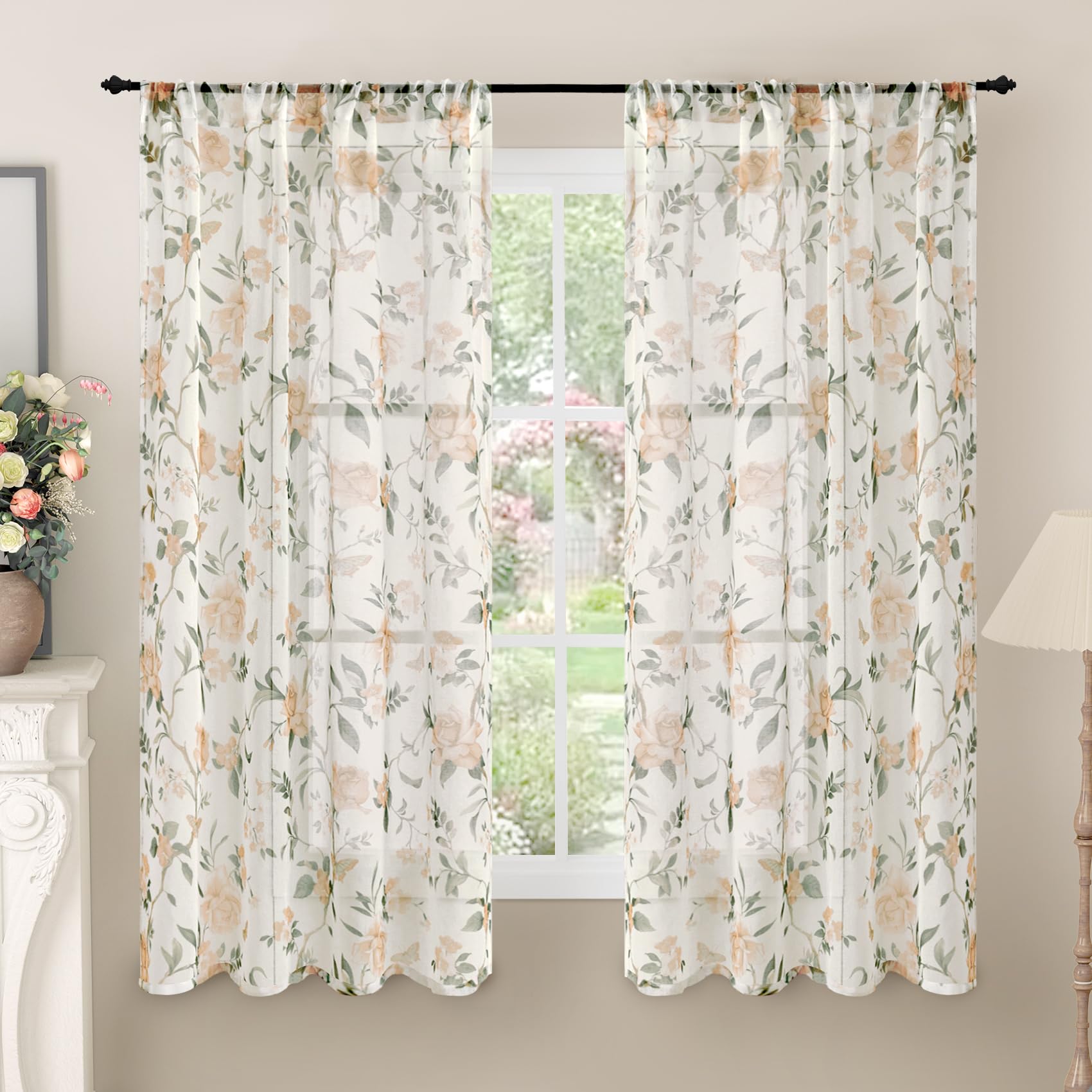 Floral Sheer Curtains, Vintage Light Filtering Semi-Sheer Linen Curtains